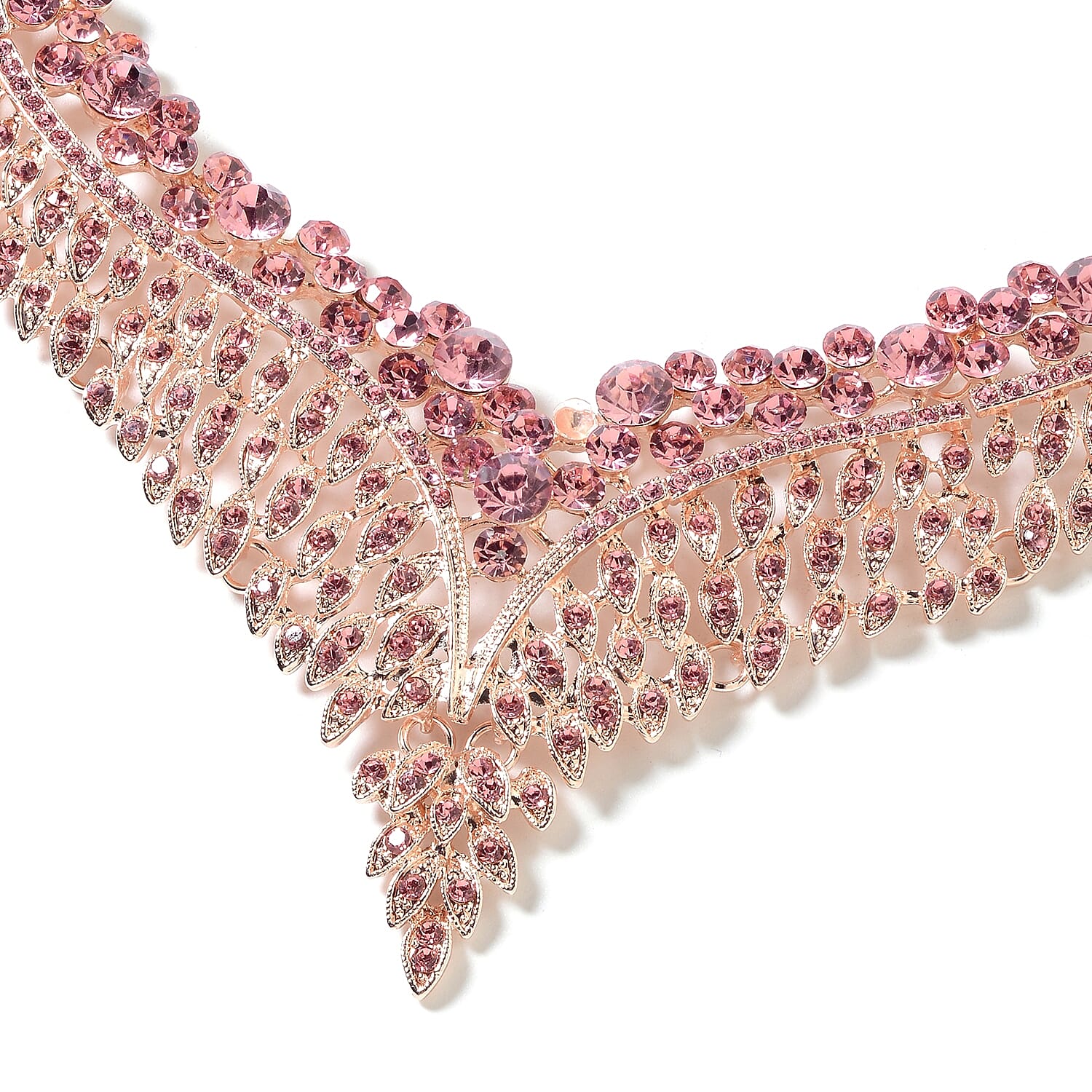 2 Piece Set - Pink Austrian Crystal (Rnd) Chandelier Design Necklace (Size 19 with 3 inch Extender) and Earrings (with Push Back) in Rose Gold Tone