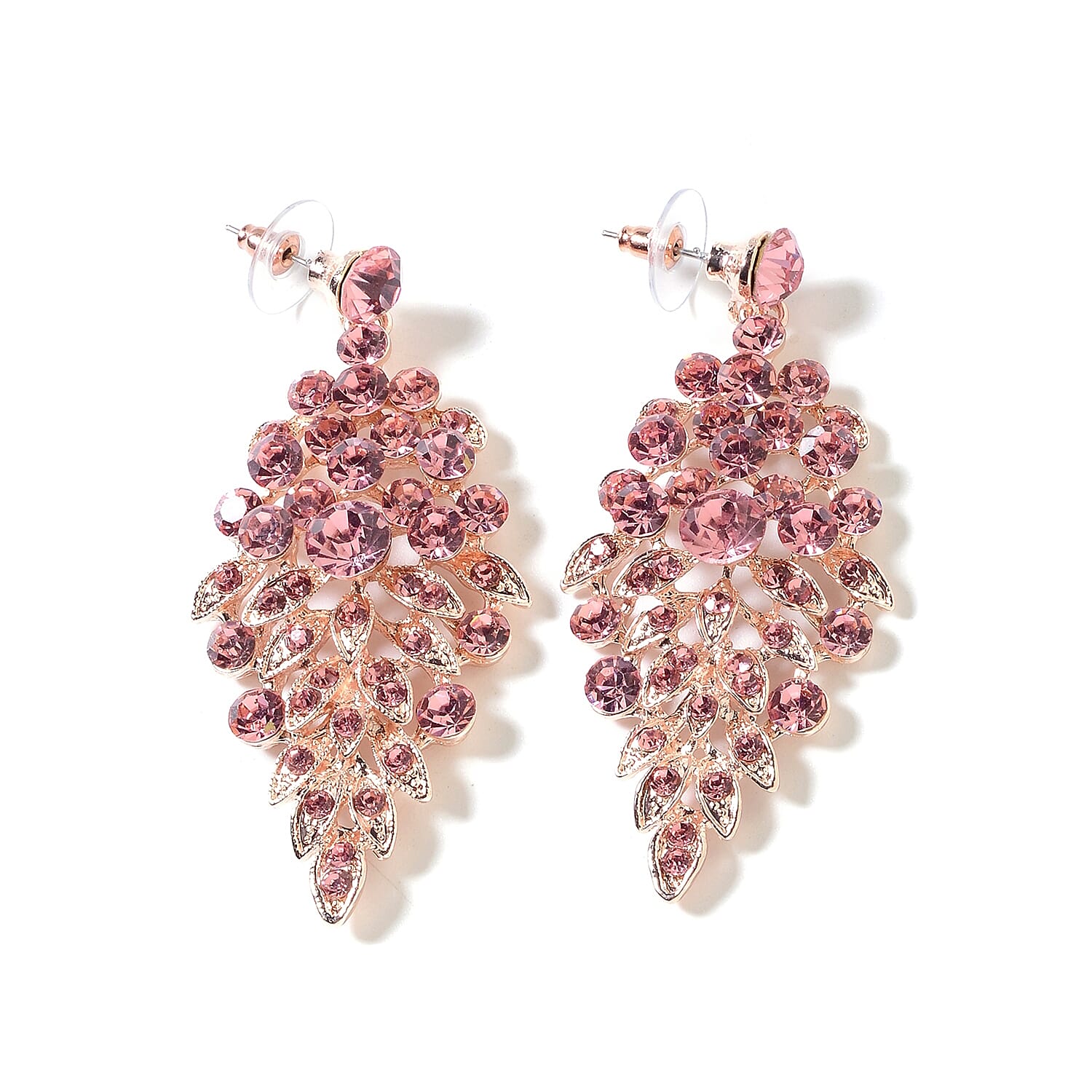 2 Piece Set - Pink Austrian Crystal (Rnd) Chandelier Design Necklace (Size 19 with 3 inch Extender) and Earrings (with Push Back) in Rose Gold Tone