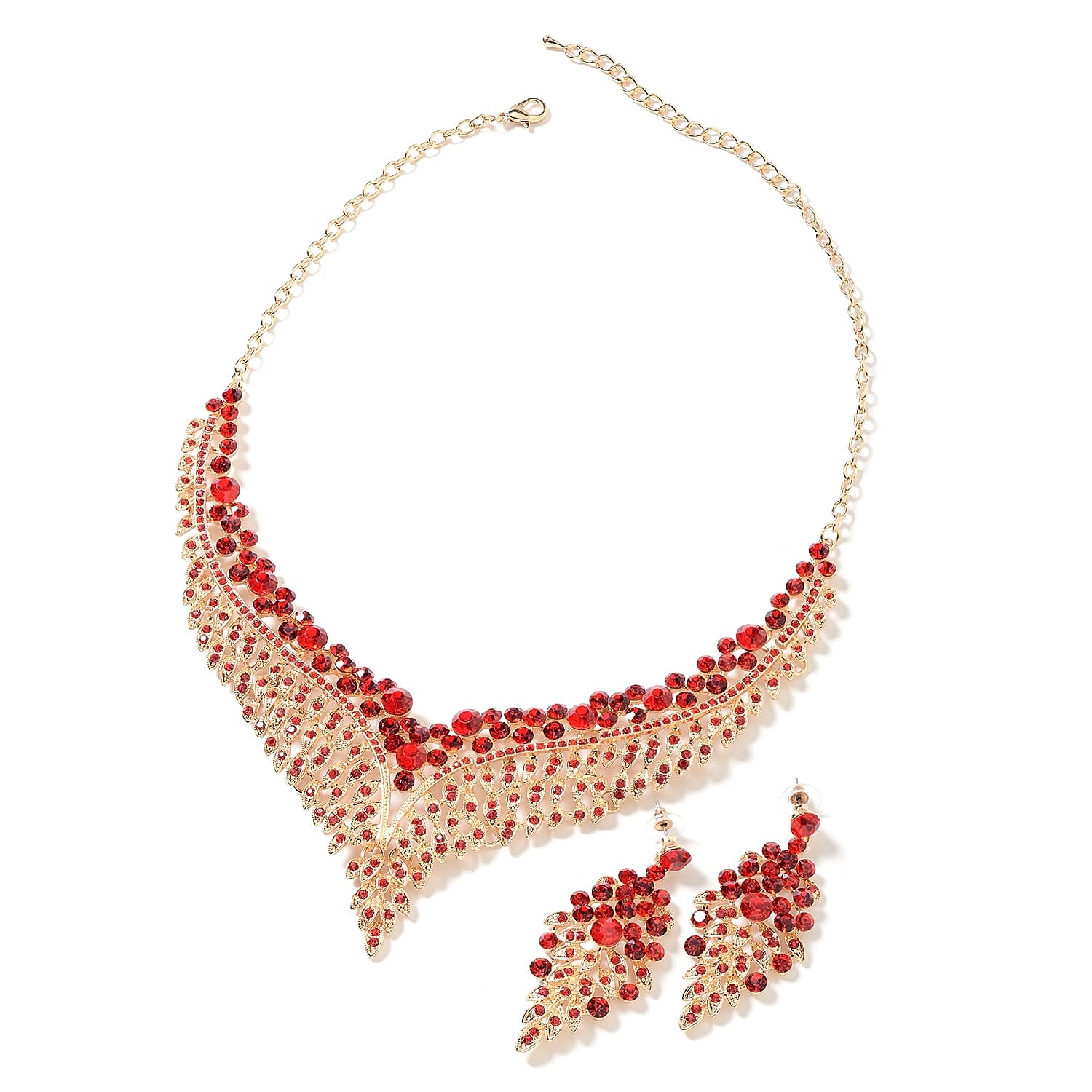 2 Piece Set - Red Austrian Crystal (Rnd) Chandelier Design Necklace (Size 19 with 3 inch Extender) and Earrings (with Push Back) in Yellow Gold Tone
