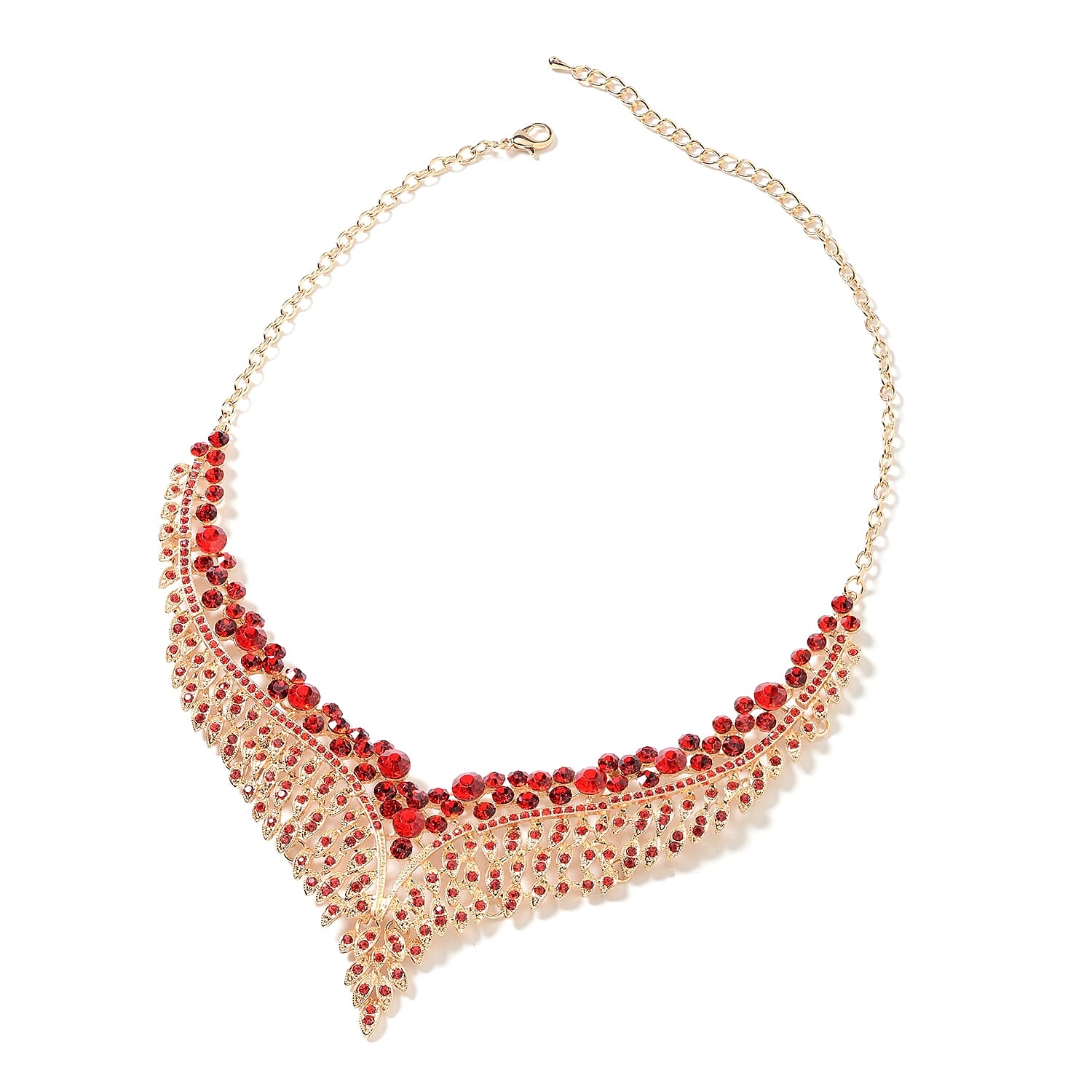 2 Piece Set - Red Austrian Crystal (Rnd) Chandelier Design Necklace (Size 19 with 3 inch Extender) and Earrings (with Push Back) in Yellow Gold Tone