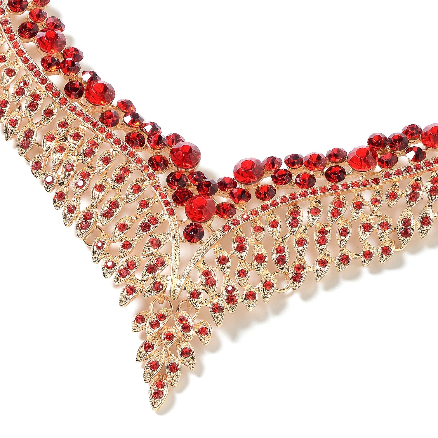 2 Piece Set - Red Austrian Crystal (Rnd) Chandelier Design Necklace (Size 19 with 3 inch Extender) and Earrings (with Push Back) in Yellow Gold Tone