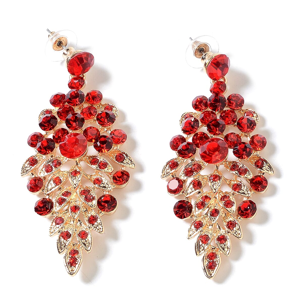 2 Piece Set - Red Austrian Crystal (Rnd) Chandelier Design Necklace (Size 19 with 3 inch Extender) and Earrings (with Push Back) in Yellow Gold Tone