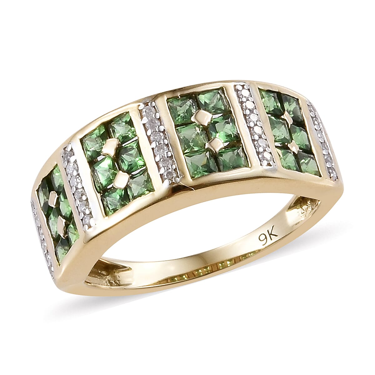 9K Yellow Gold Tsavorite Garnet (Sqr), Diamond Half Eternity Ring 1.25 Ct.