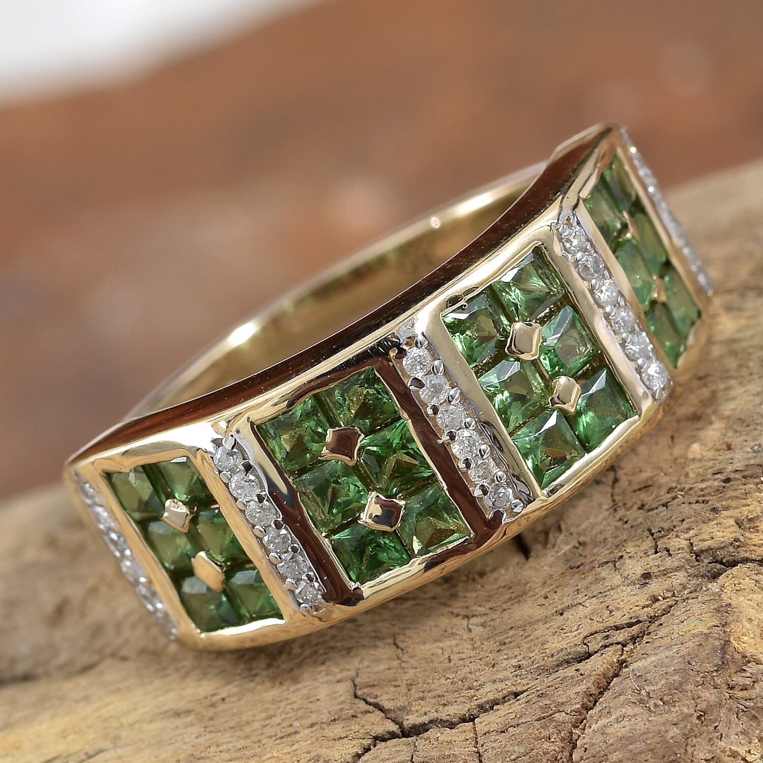 9K Yellow Gold Tsavorite Garnet (Sqr), Diamond Half Eternity Ring 1.25 Ct.