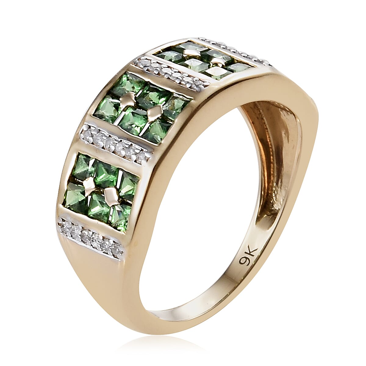 9K Yellow Gold Tsavorite Garnet (Sqr), Diamond Half Eternity Ring 1.25 Ct.
