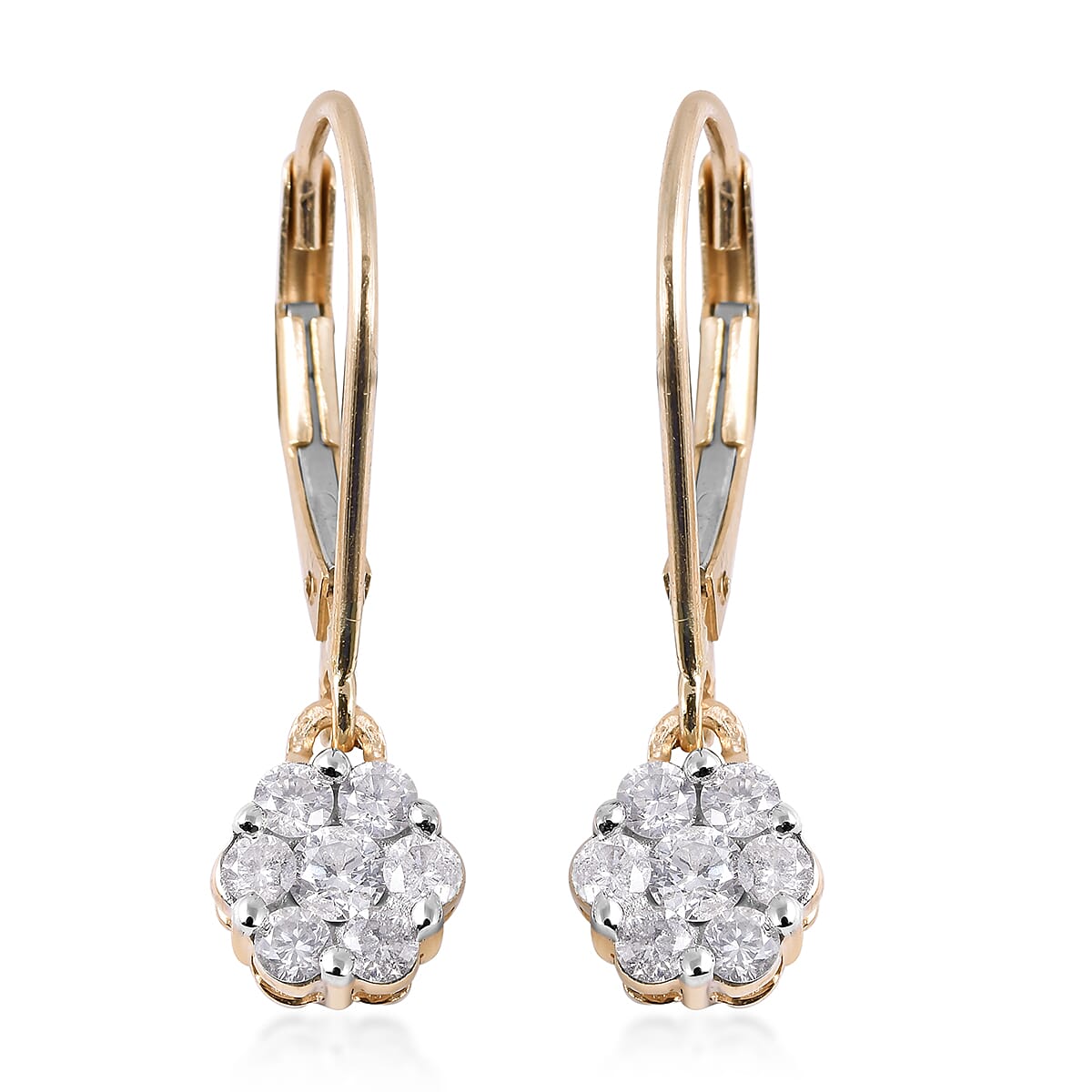 9K Yellow Gold SGL Certified Diamond (I3-GH) Pressure Set Floral Lever Back Earrings 0.50 Ct.
