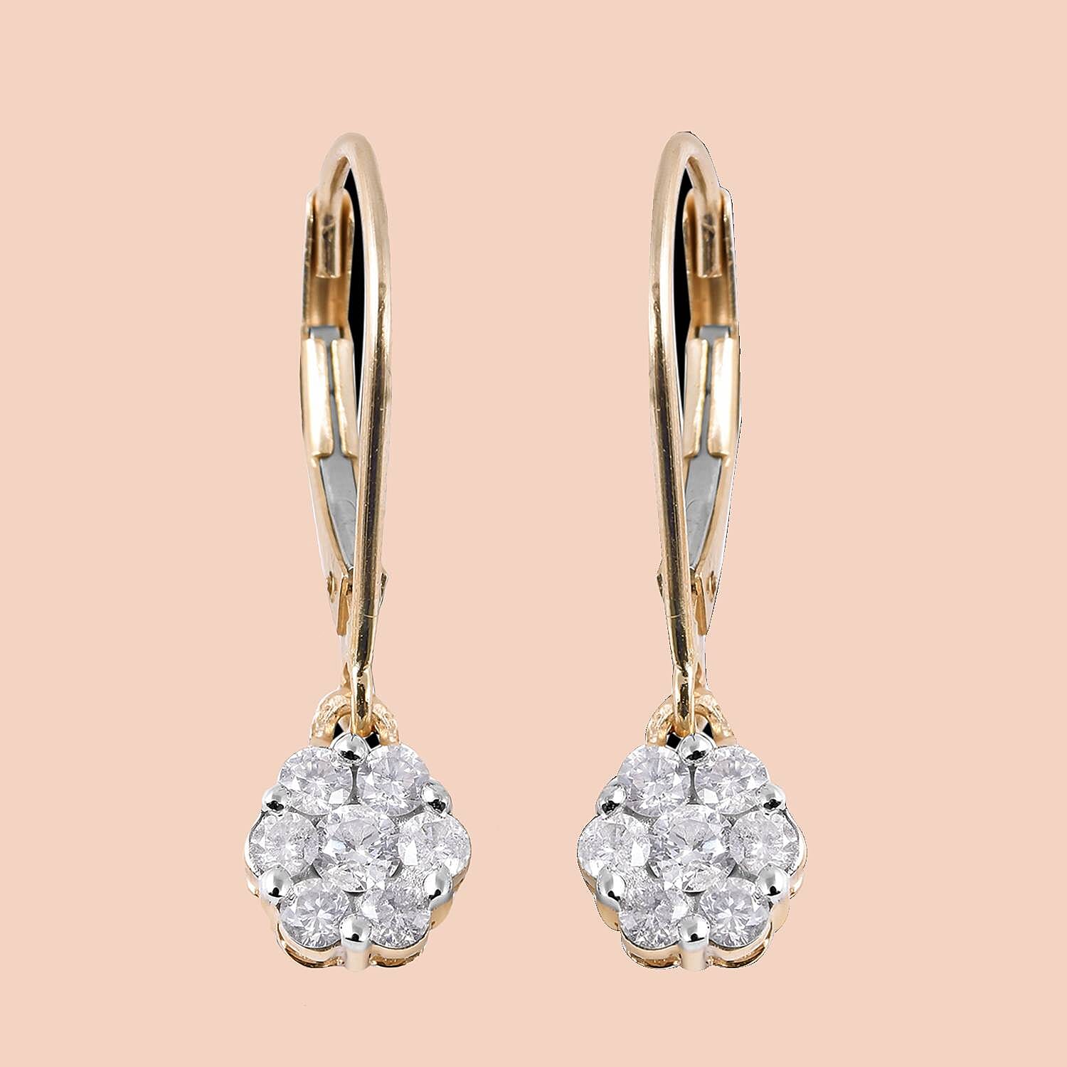 9K Yellow Gold SGL Certified Diamond (I3-GH) Pressure Set Floral Lever Back Earrings 0.50 Ct.