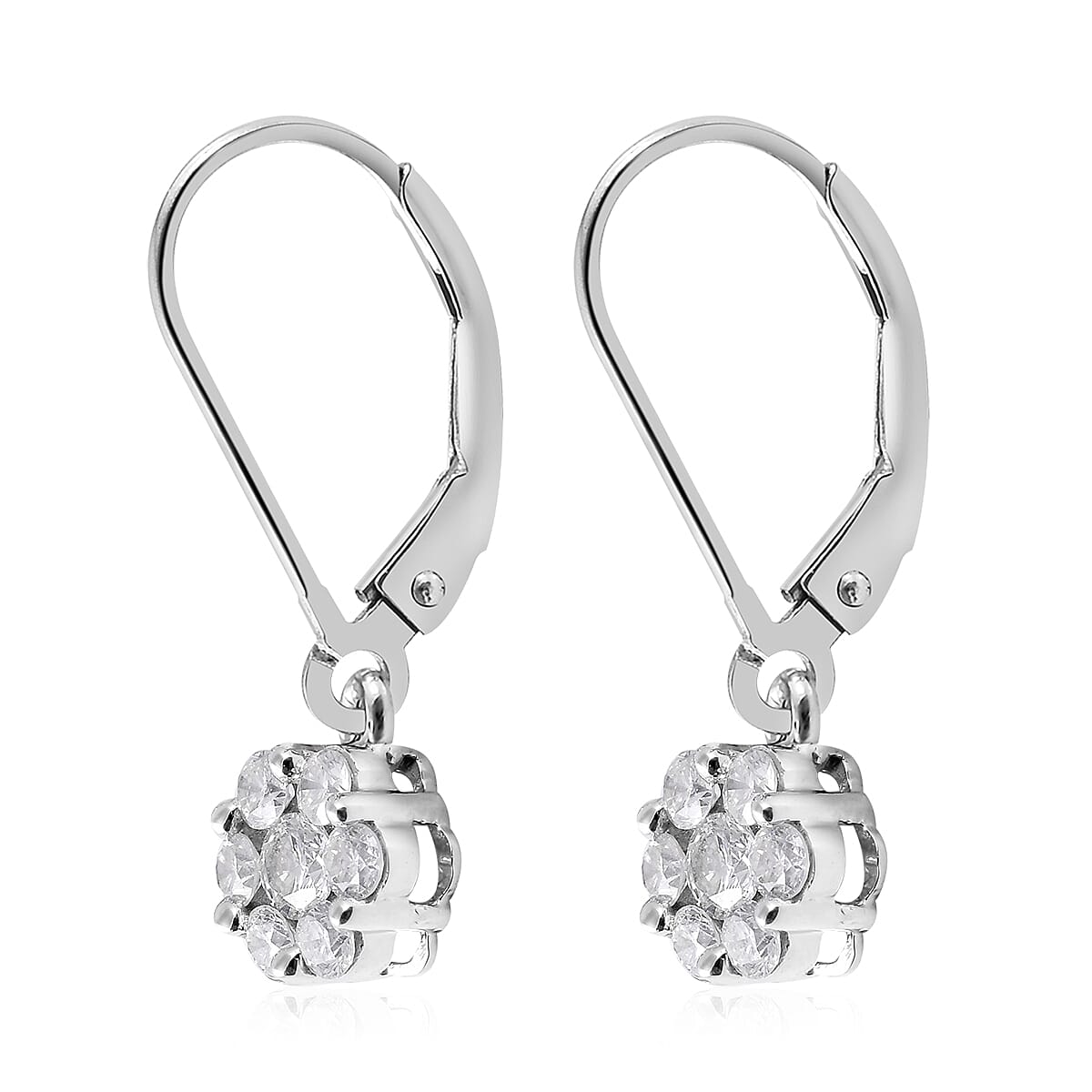 9K White Gold SGL Certified Diamond (I3-GH) Pressure Set Floral Lever Back Earrings 0.50 Ct.
