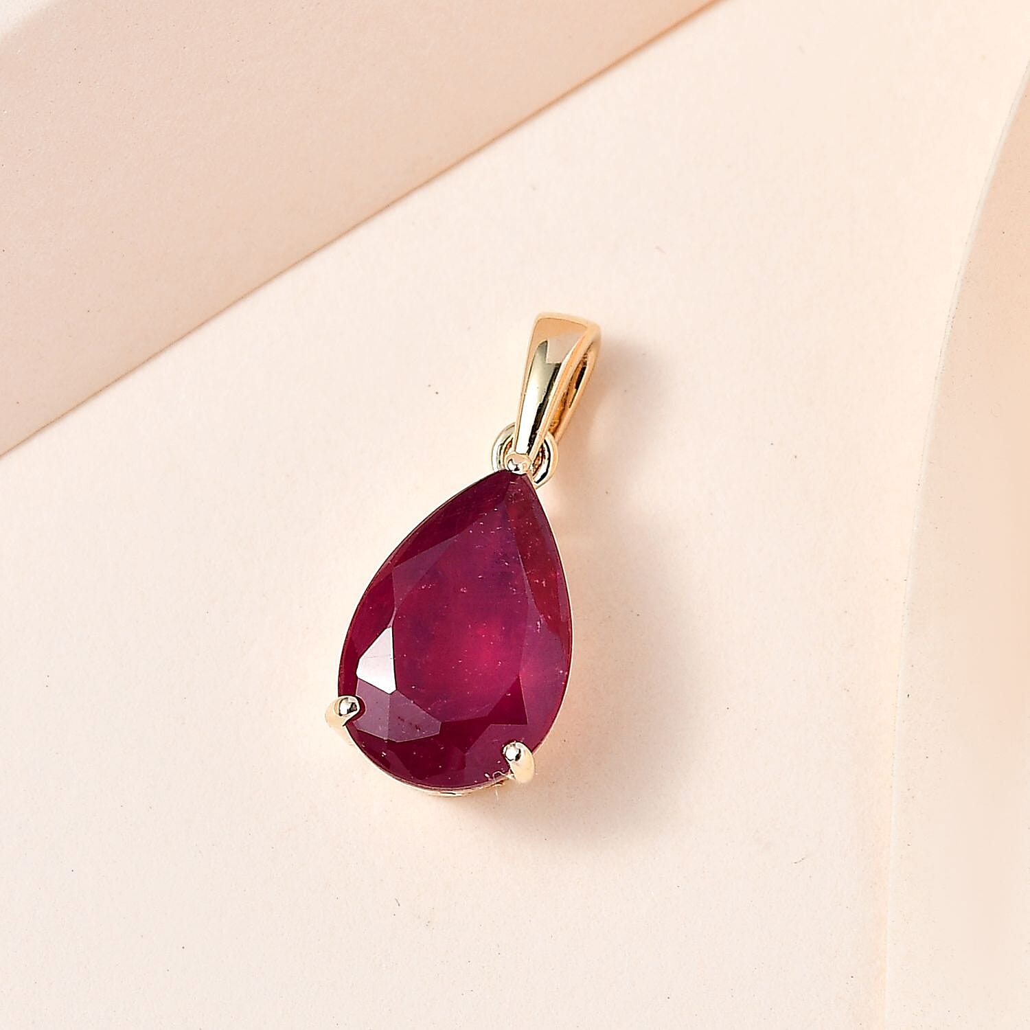 9K Yellow Gold Pear Cut AA African Ruby Solitaire Pendant 4.21 Ct.