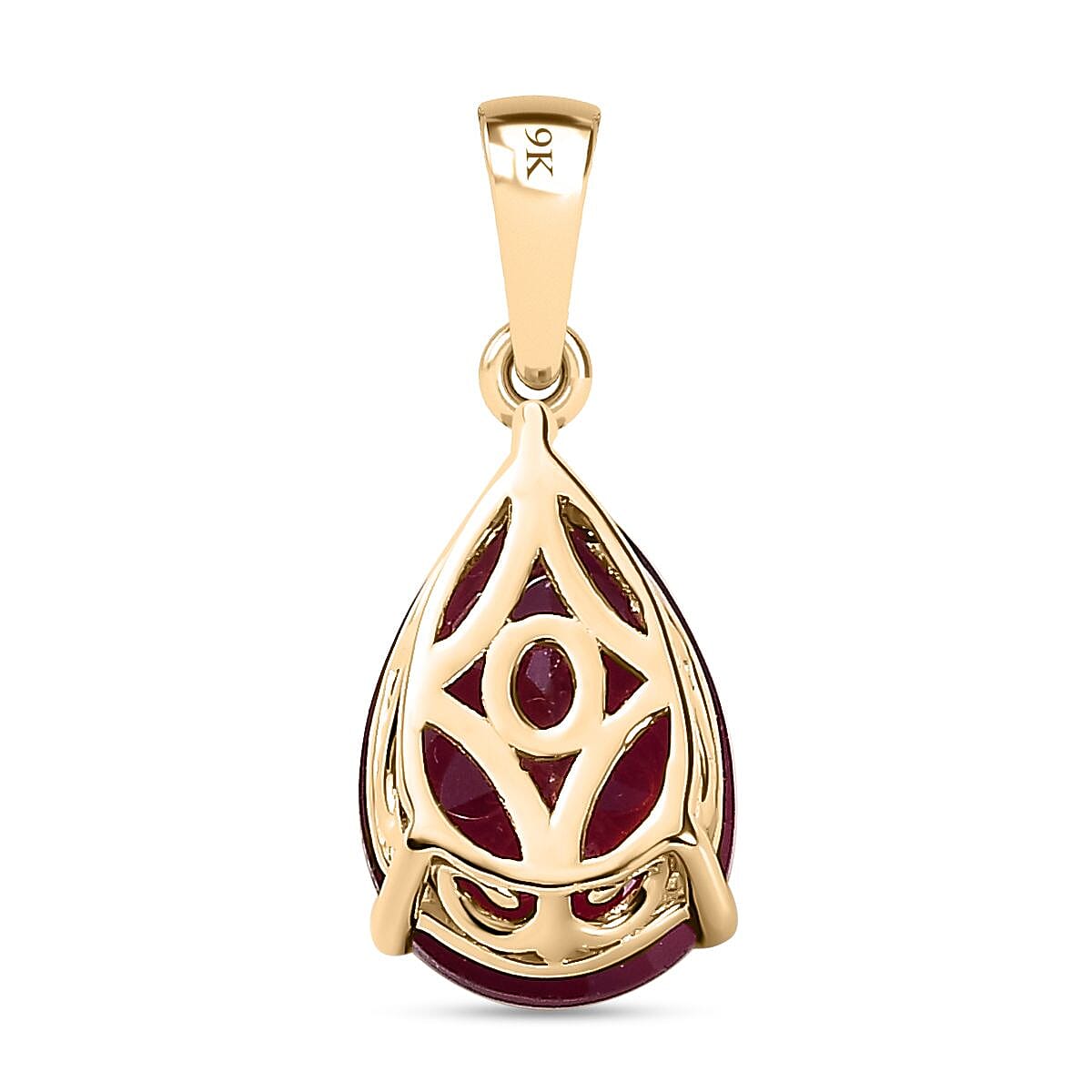 9K Yellow Gold Pear Cut AA African Ruby Solitaire Pendant 4.21 Ct.
