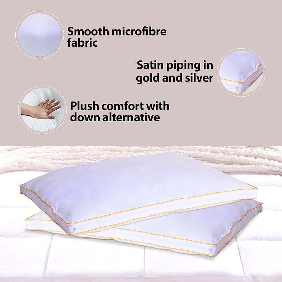2 Piece Set- Superfine Microfibre Pillow Enchancer Filled with Faux Down and Finished with Satin Gold and Silver Piping (50x70 Cm)