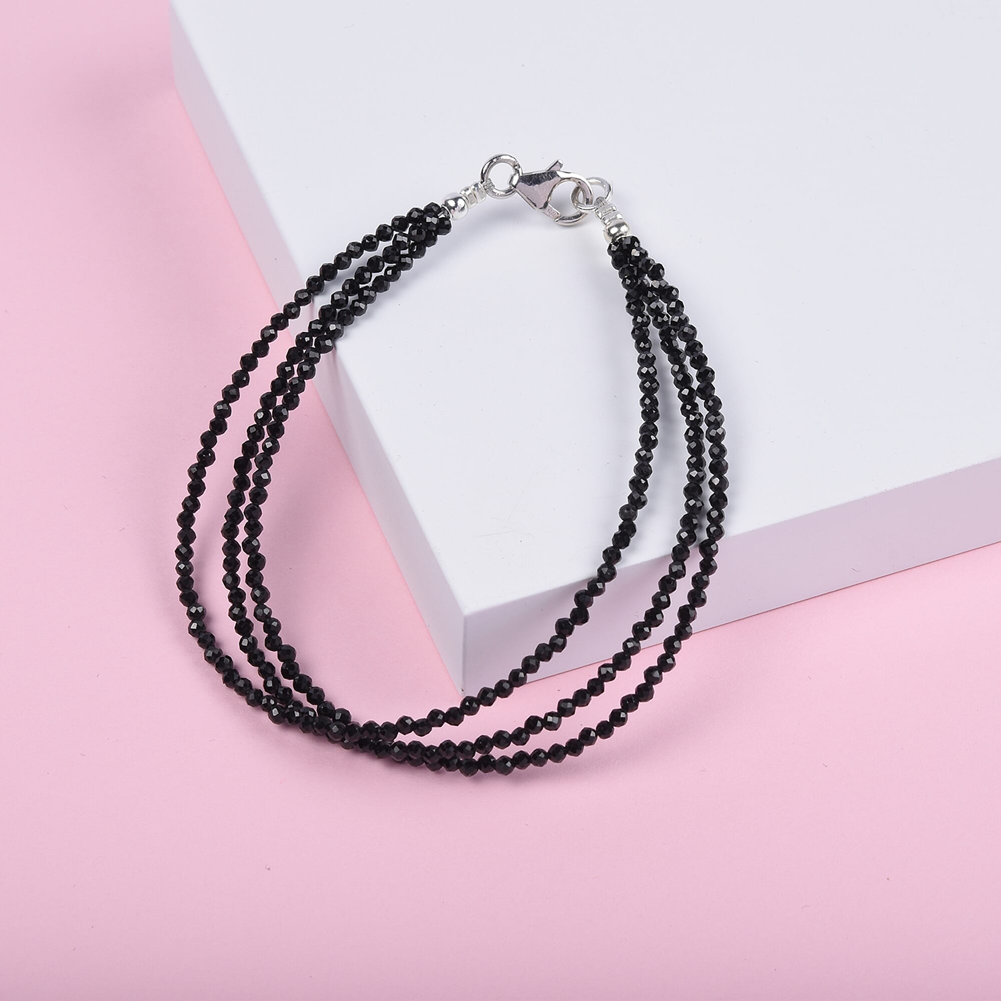 Boi Ploi Black Spinel Beads Bracelet with Lobster Clasp (Size 7.5) in Rhodium Overlay Sterling Silver 22.00 Ct