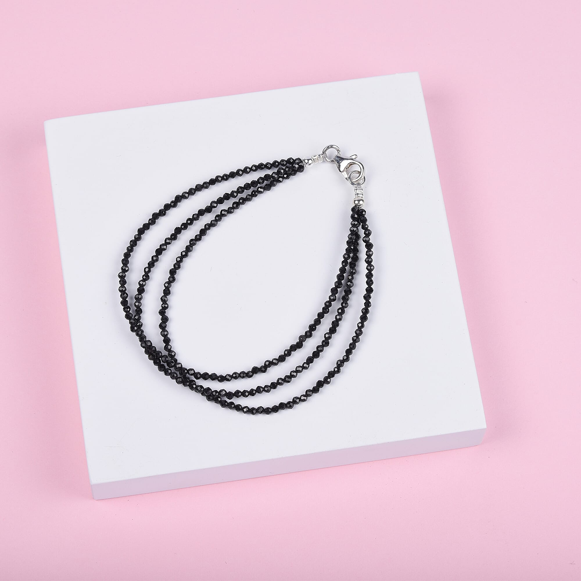 Boi Ploi Black Spinel Beads Bracelet with Lobster Clasp (Size 7.5) in Rhodium Overlay Sterling Silver 22.00 Ct