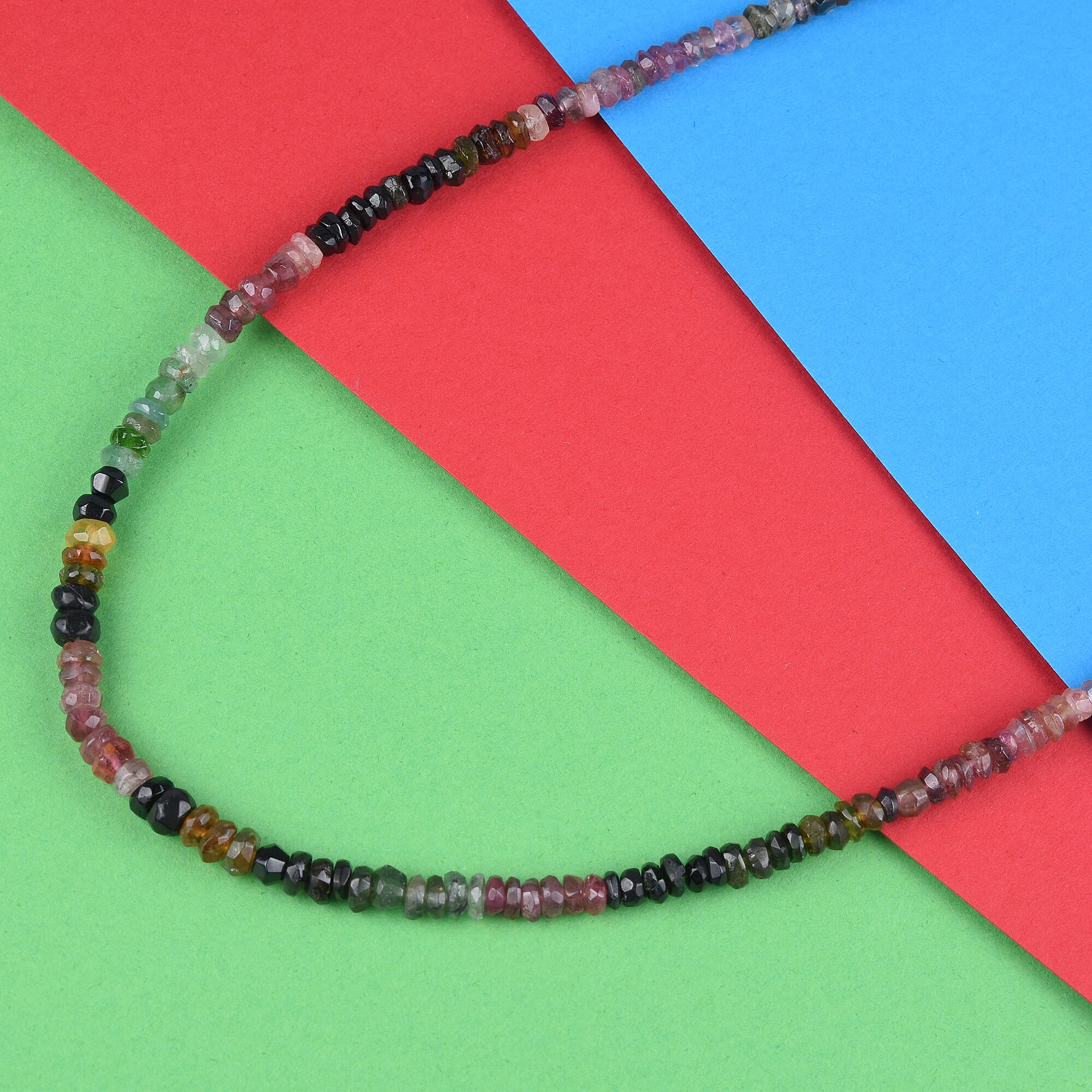 Multi Tourmaline (Rnd) Beads Necklace (Size 18) in Rhodium Overlay Sterling Silver 55.00 Ct.
