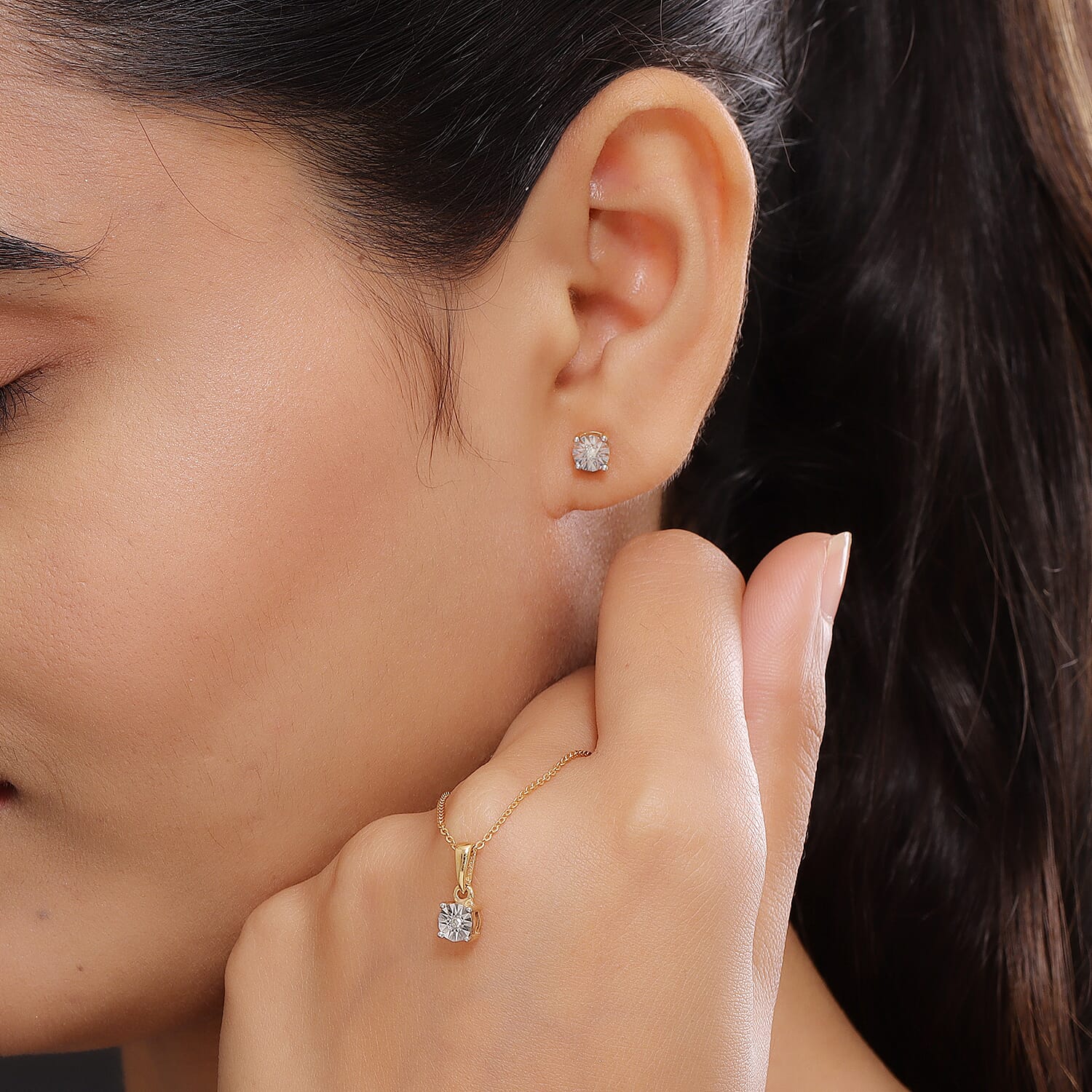 2 Piece Set White Natts Diamond Pendant with Chain (Size 20) with Lobster Clasp and Stud Earrings with Push Back in 14K Gold Overlay Sterling Silver