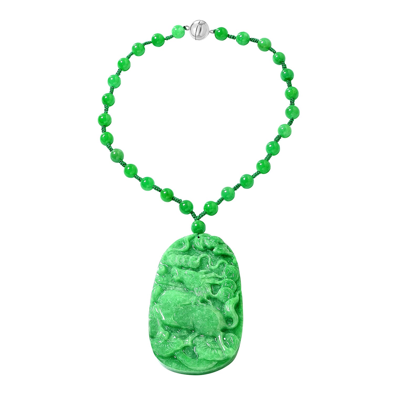 Rare Size Hand Carved Green Jade Necklace (Size 18) with Magnetic Lock in Rhodium Overlay Sterling Silver 450.00 Ct