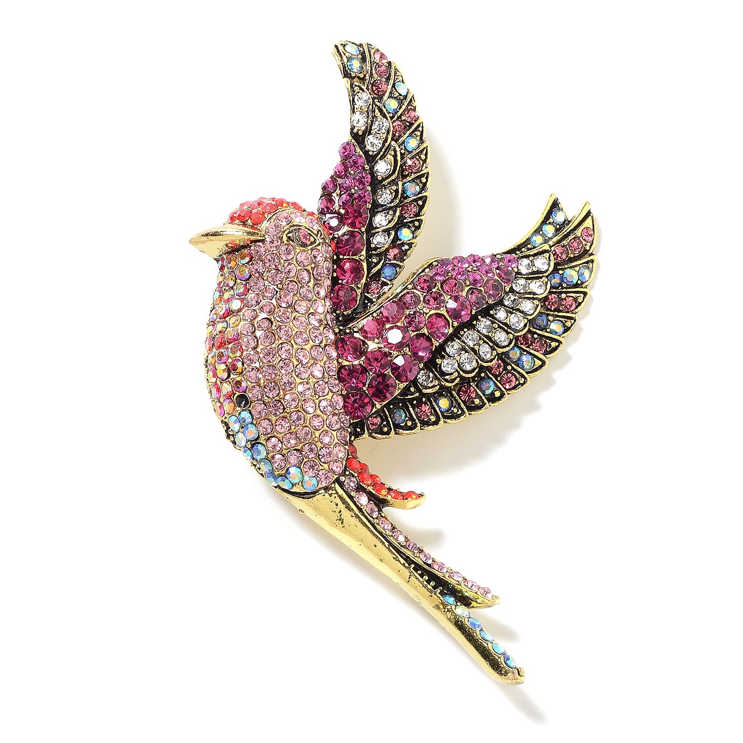Multi Colour Austrian Crystal (Rnd) Hummingbird Bird Brooch in Gold Tone