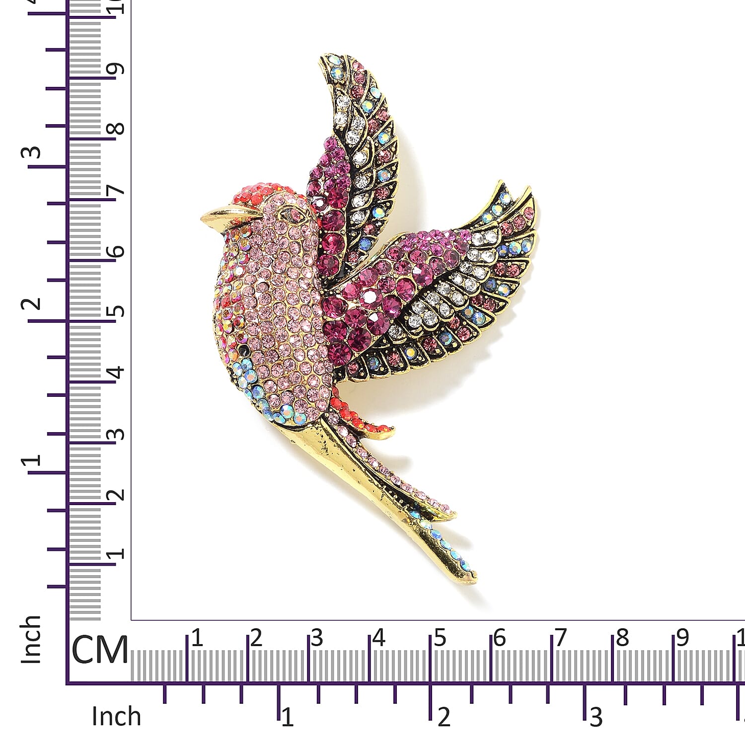 Multi Colour Austrian Crystal (Rnd) Hummingbird Bird Brooch in Gold Tone
