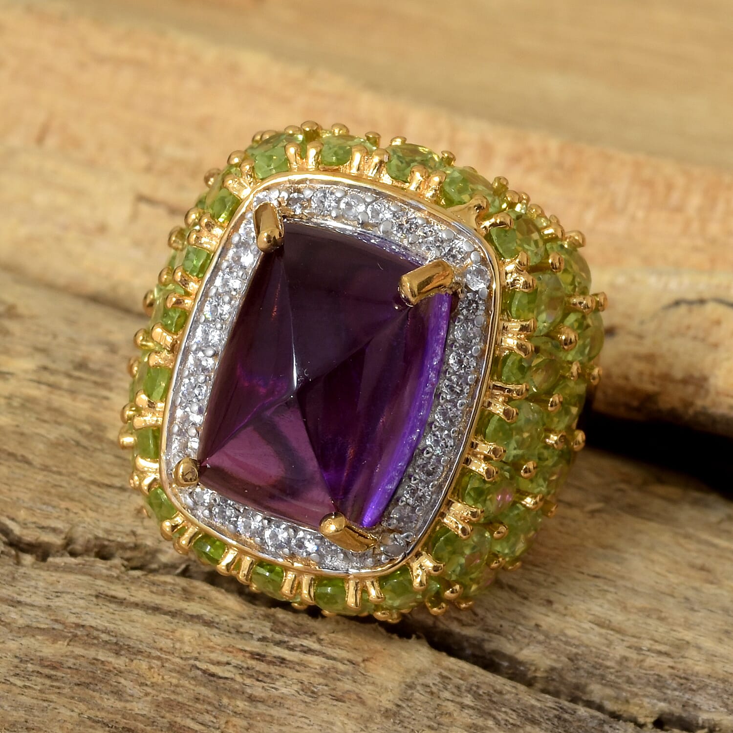 GP Zambian Amethyst (Cush 14x10 mm), Hebei Peridot and Multi Gemstone Ring in 14K Gold Overlay Sterling Silver 17.75 Ct, Silver Wt 8.31 Gms
