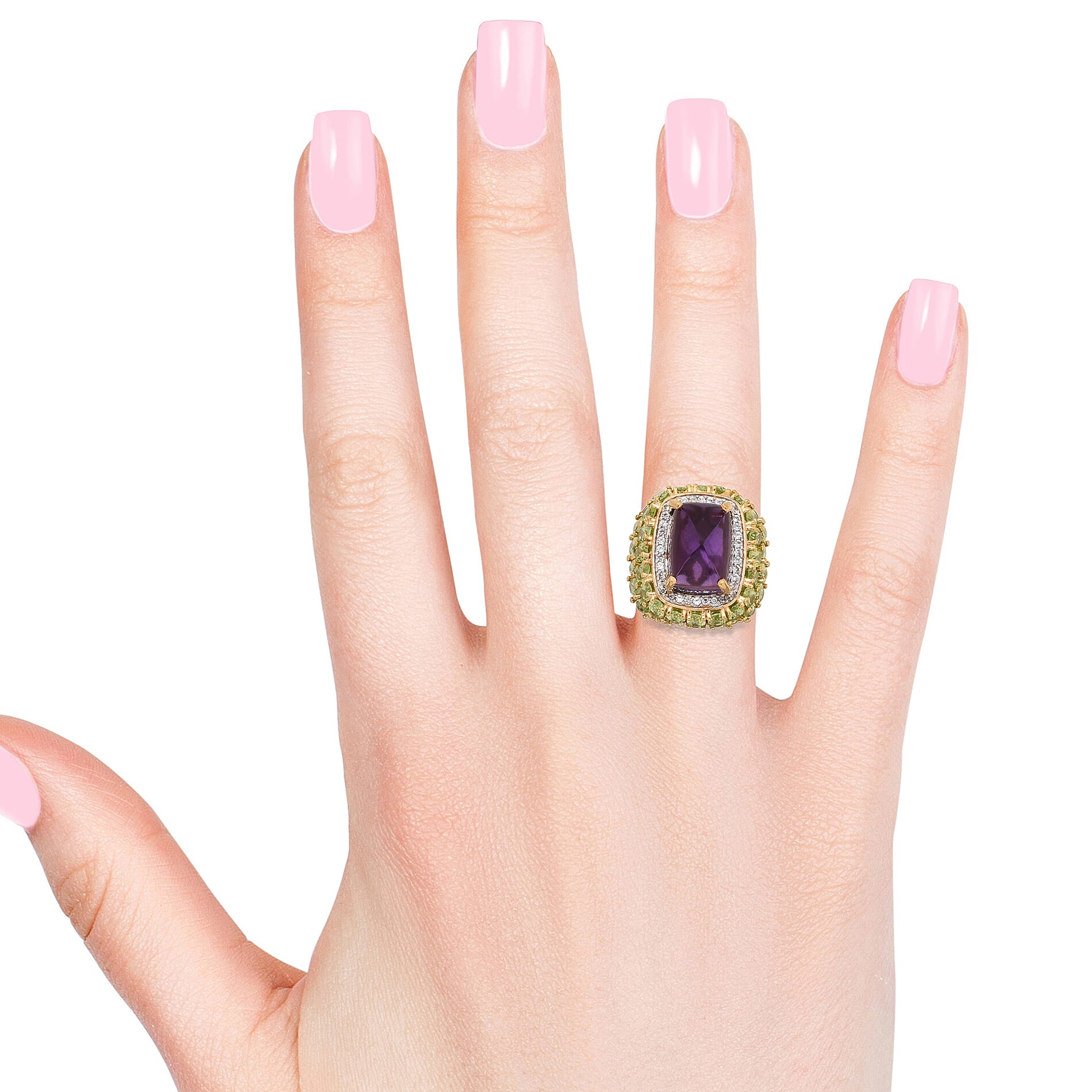GP Zambian Amethyst (Cush 14x10 mm), Hebei Peridot and Multi Gemstone Ring in 14K Gold Overlay Sterling Silver 17.75 Ct, Silver Wt 8.31 Gms