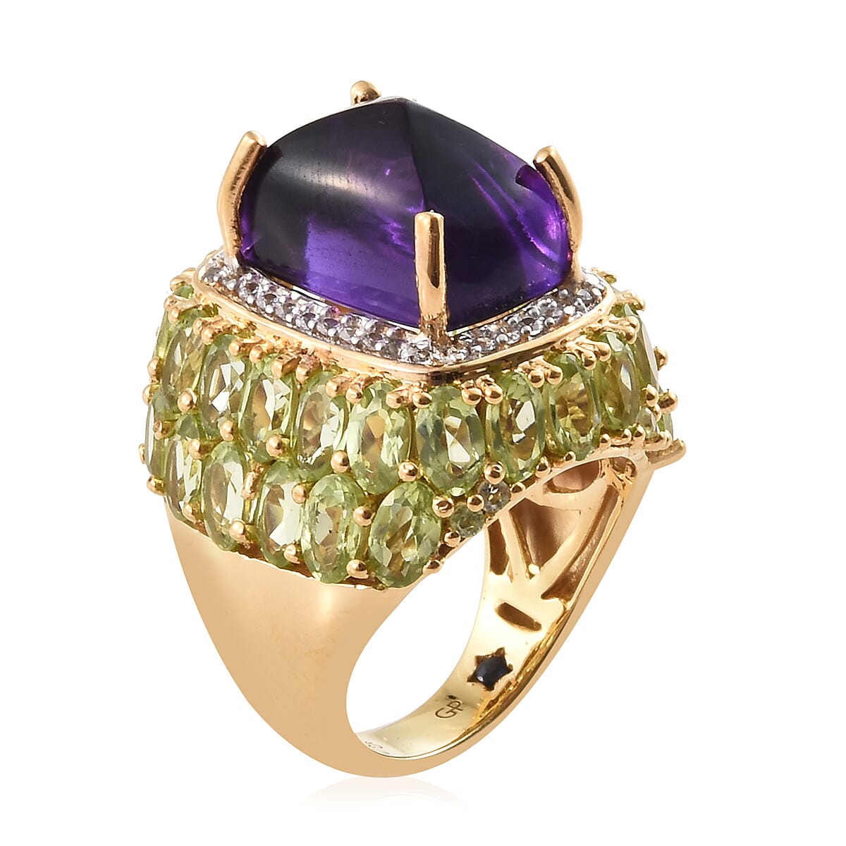 GP Zambian Amethyst (Cush 14x10 mm), Hebei Peridot and Multi Gemstone Ring in 14K Gold Overlay Sterling Silver 17.75 Ct, Silver Wt 8.31 Gms