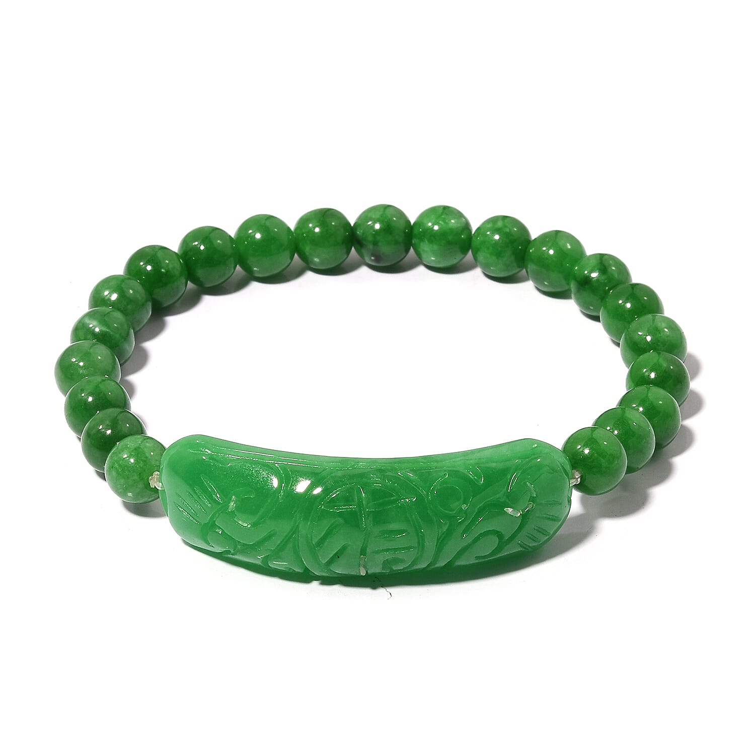 Extremely Rare Hand Carved AAA Green Jade Stretchable Bracelet (Size 7)