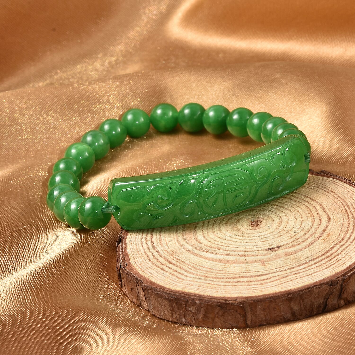 Extremely Rare Hand Carved AAA Green Jade Stretchable Bracelet (Size 7)
