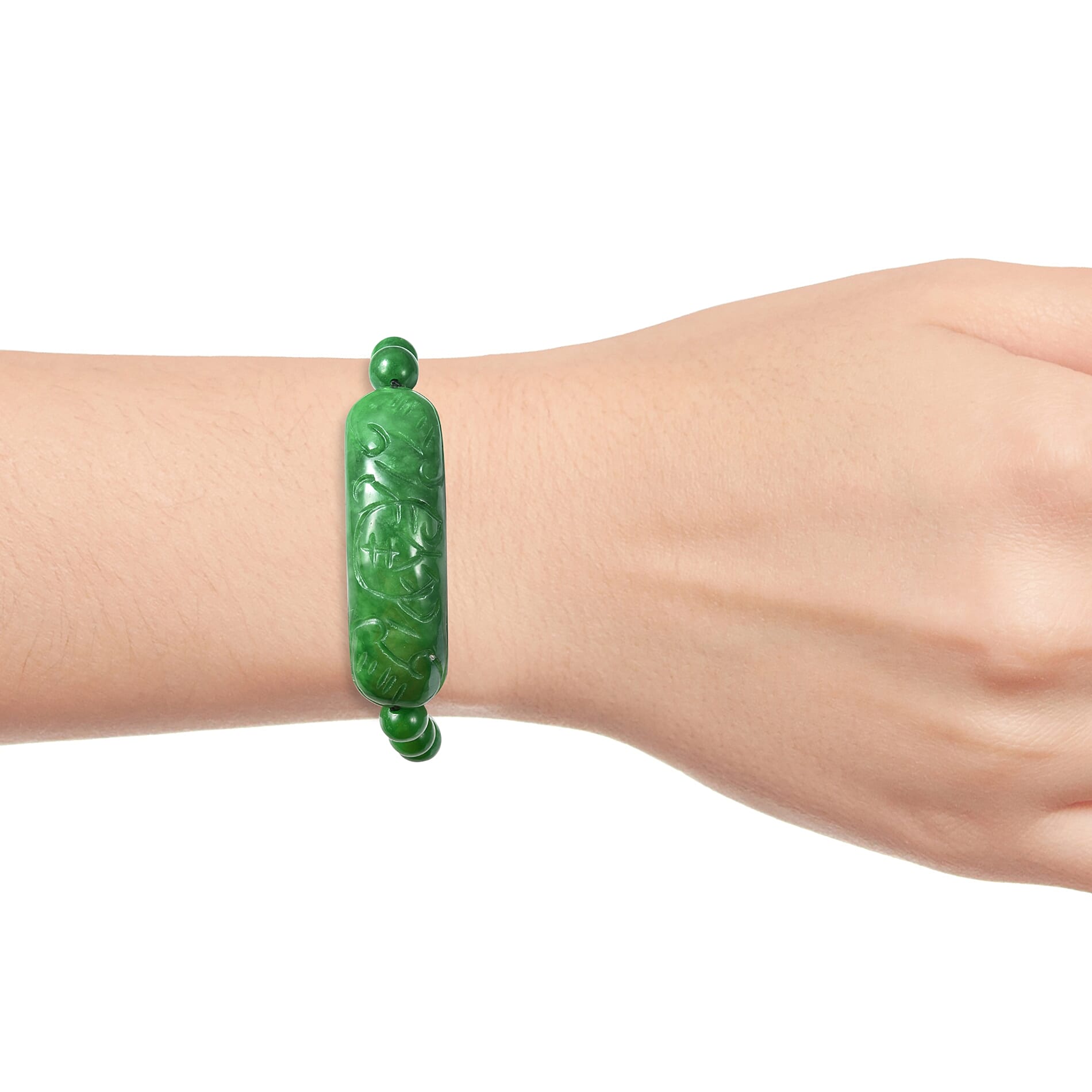 Extremely Rare Hand Carved AAA Green Jade Stretchable Bracelet (Size 7)