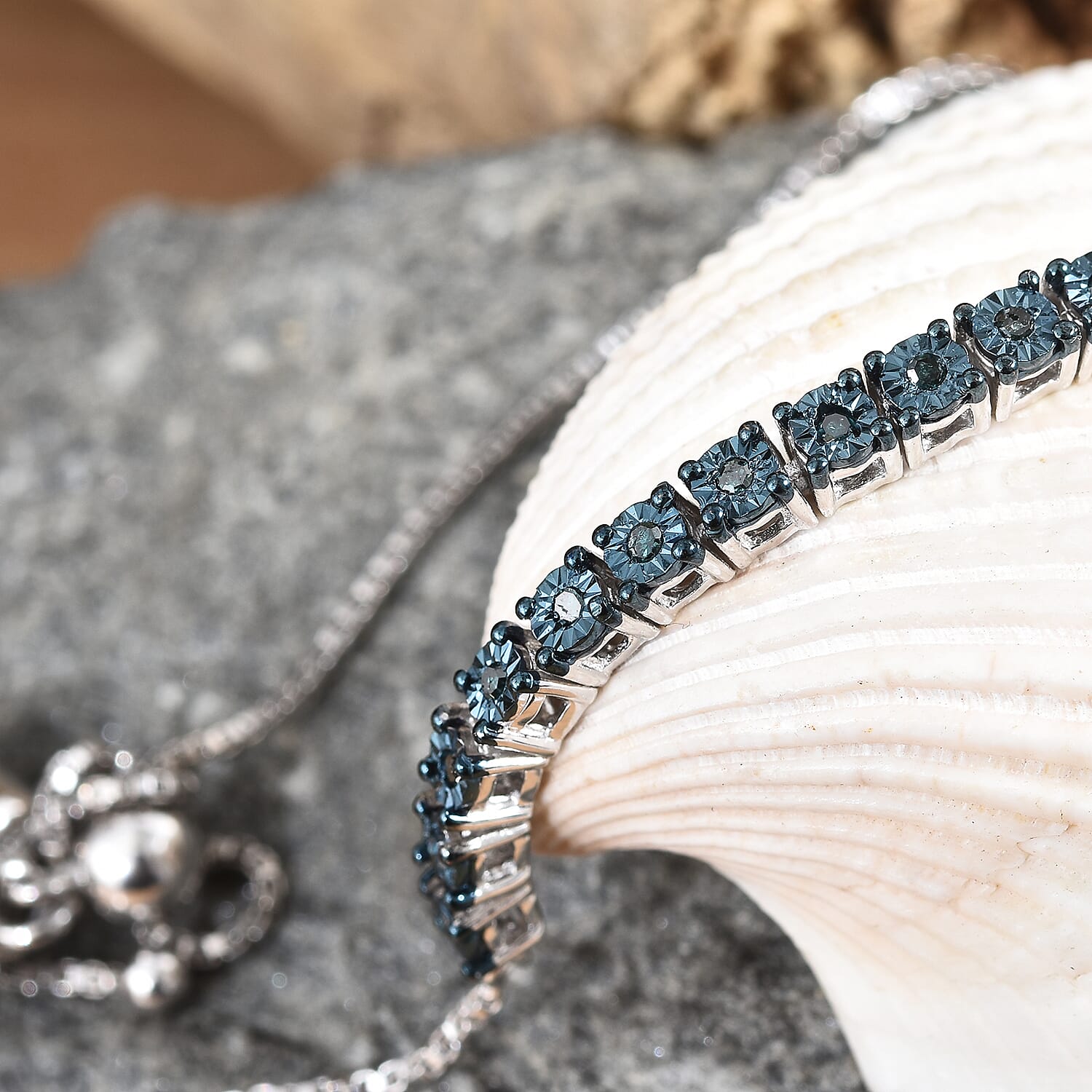 Blue Diamond Platinum Overlay Sterling Silver Bracelet (Size 6-9.5 Adjustable) with Magnetic Lock, 0.250 Ct,