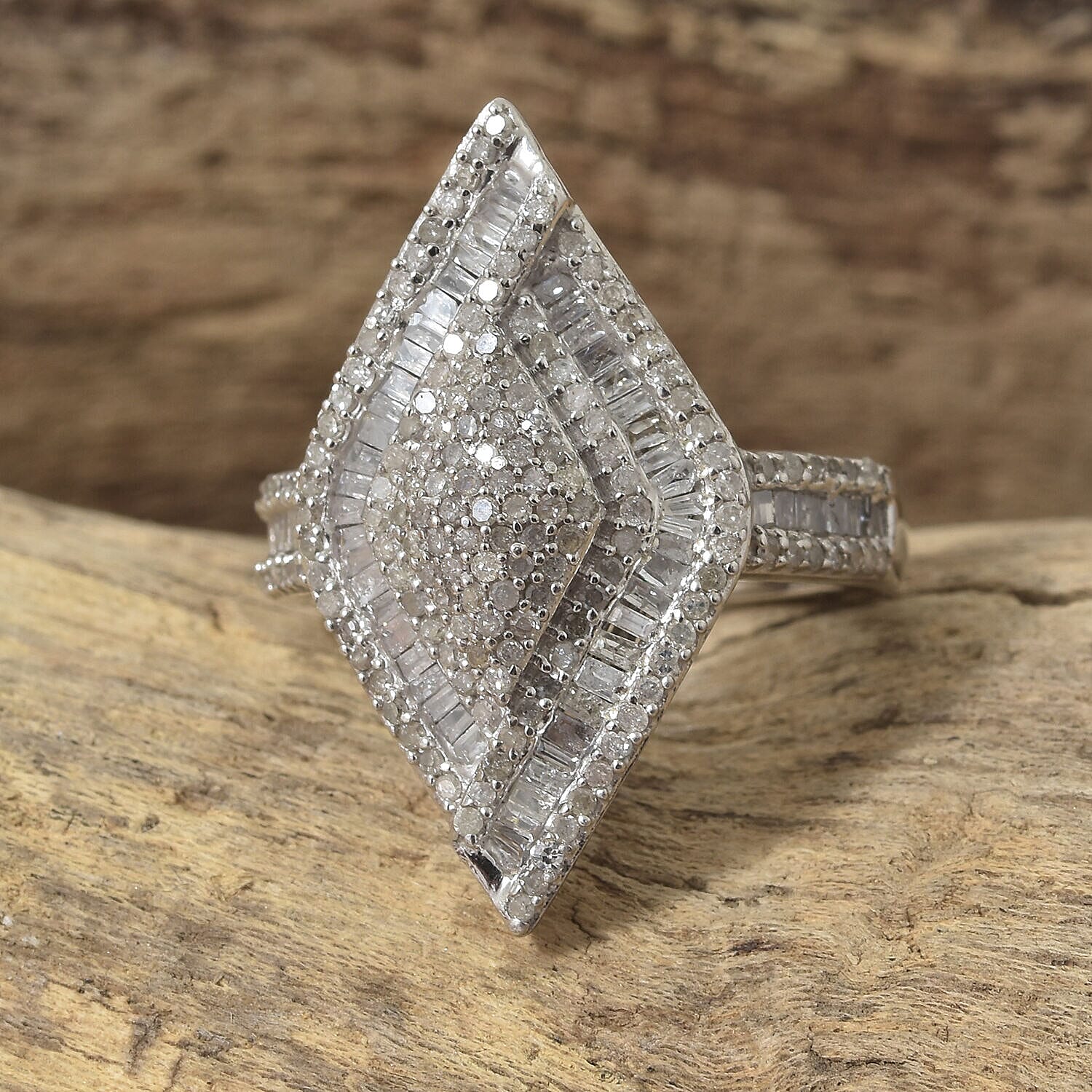 Diamond (Bgt) Rhombus Ring in Platinum Overlay Sterling Silver  1.010 Ct., Silver wt 5.59 Gms, Number of Diamond 258