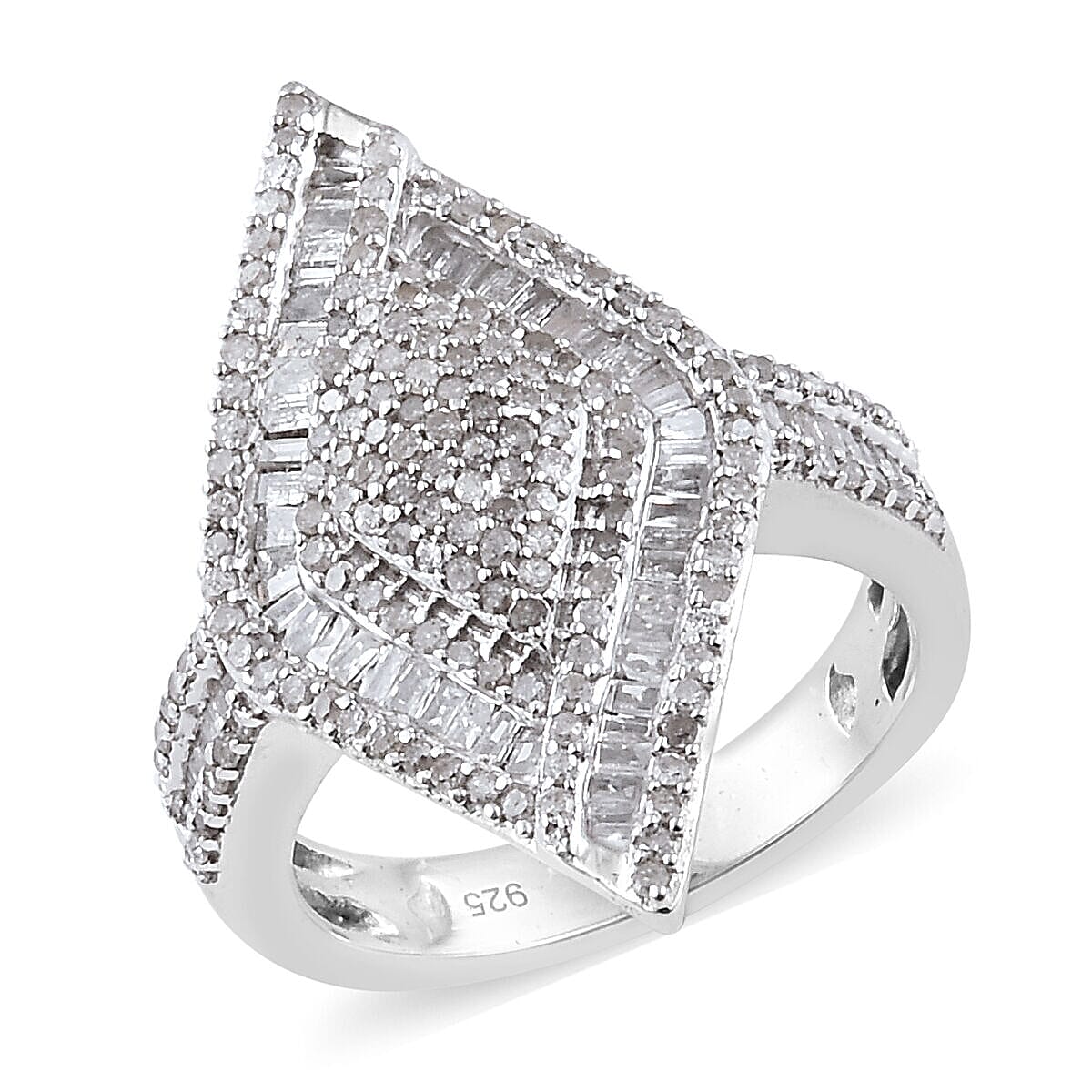 Diamond (Bgt) Rhombus Ring in Platinum Overlay Sterling Silver  1.010 Ct., Silver wt 5.59 Gms, Number of Diamond 258