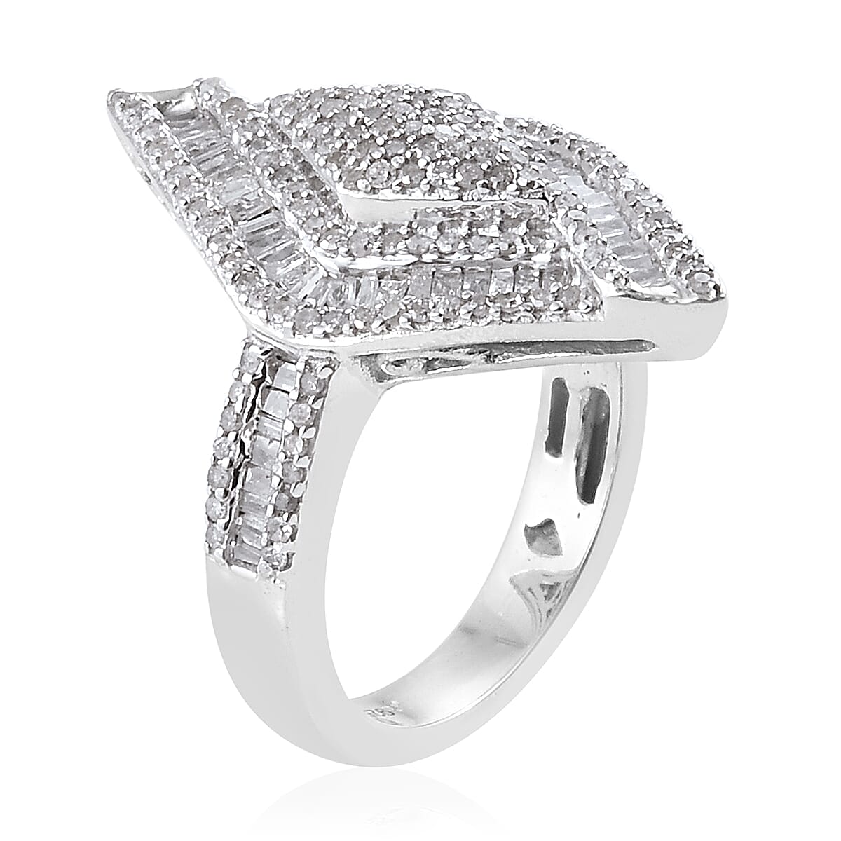 Diamond (Bgt) Rhombus Ring in Platinum Overlay Sterling Silver  1.010 Ct., Silver wt 5.59 Gms, Number of Diamond 258