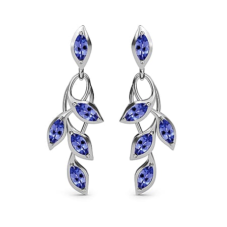 AA Tanzanite Leaf Dangle Earrings in Platinum Plated Sterling Silver 1.45 Ct.