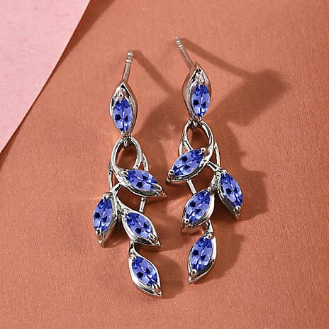 Tanzanite (Mrq) Leaf Dangling Earrings with Push Back in Platinum Overlay Sterling Silver 1.59 Ct.
