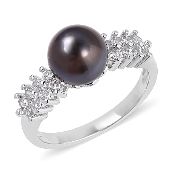 Tahitian Pearl and White Topaz Solitaire Ring in Rhodium Plated Silver ...