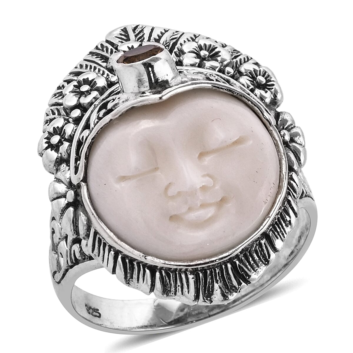 Princess Bali Collection Ox Bone (Rnd 15 mm), Citrine Ring in Sterling Silver 0.256 Ct, Silver wt 7.90 Gms.