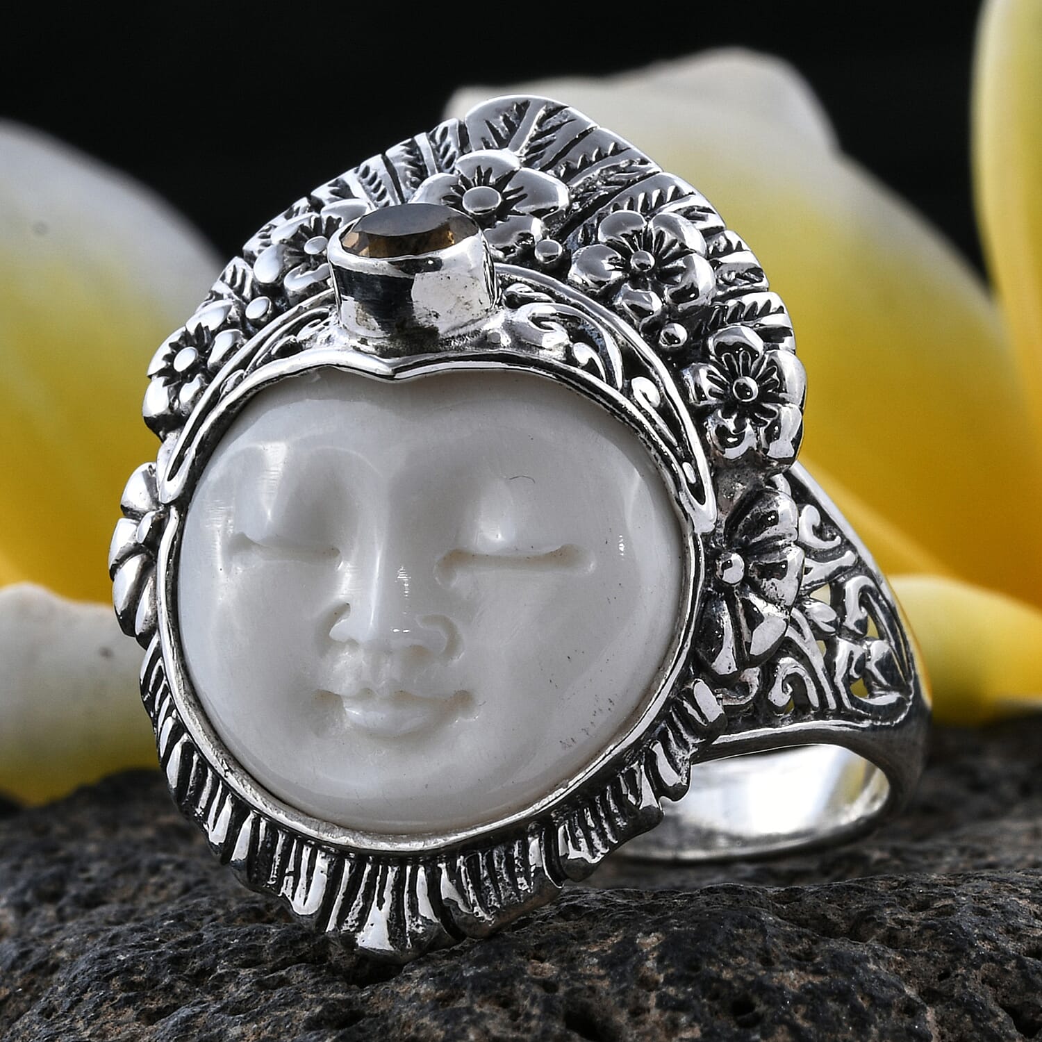 Princess Bali Collection Ox Bone (Rnd 15 mm), Citrine Ring in Sterling Silver 0.256 Ct, Silver wt 7.90 Gms.