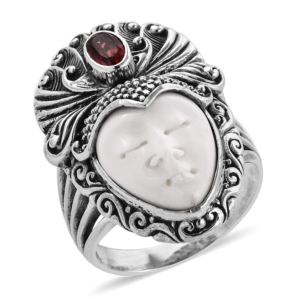 Princess Bali Collection OX Bone Carved Face and Mozambique Garnet Ring in Sterling Silver 8.550 Ct, Silver wt 11.50 Gms.