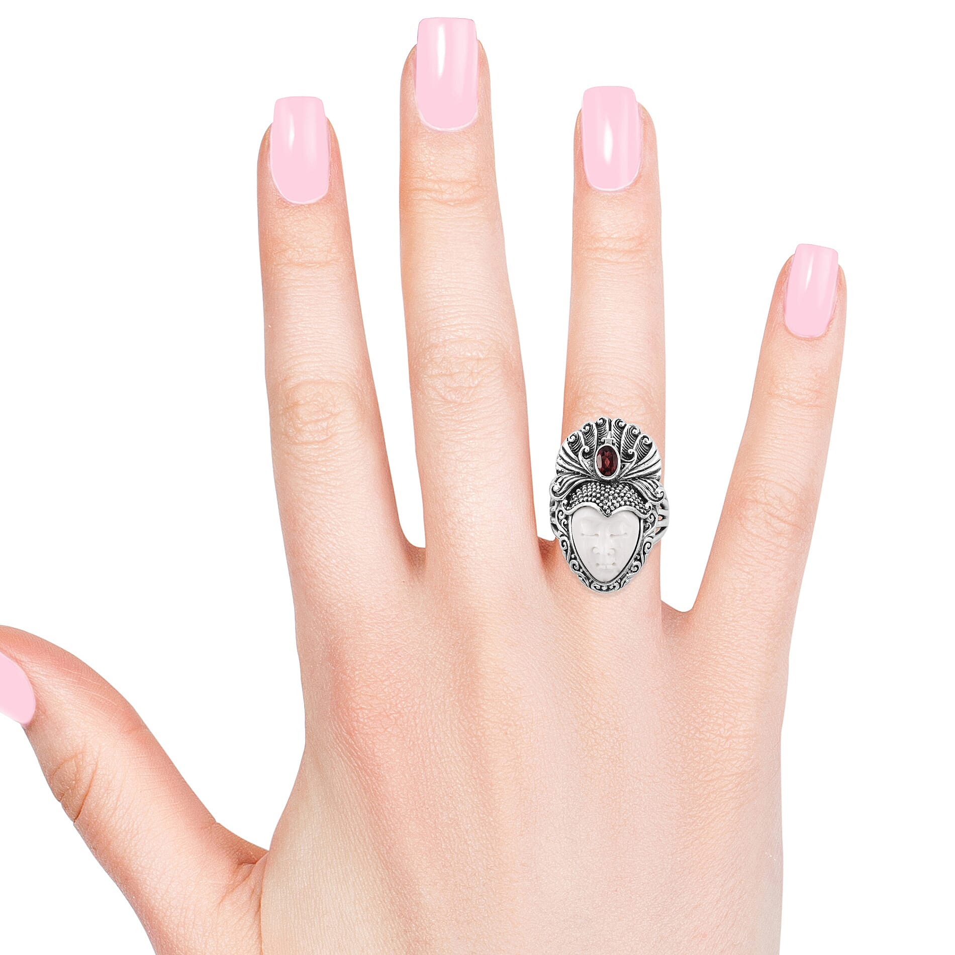 Princess Bali Collection OX Bone Carved Face and Mozambique Garnet Ring in Sterling Silver 8.550 Ct, Silver wt 11.50 Gms.