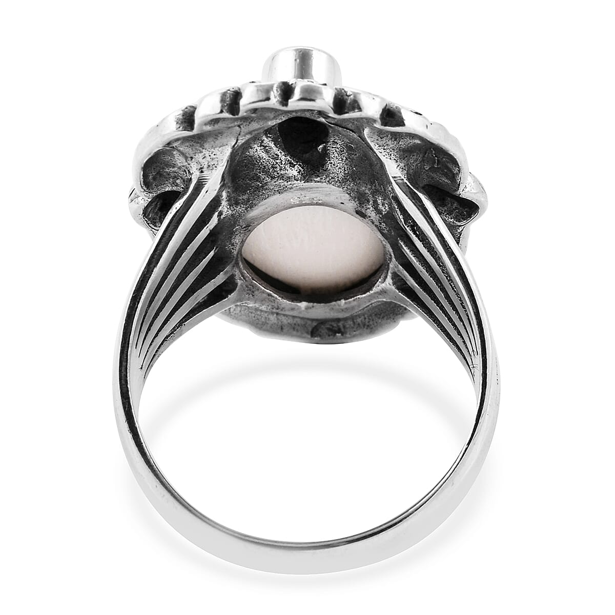 Princess Bali Collection OX Bone Carved Face and Mozambique Garnet Ring in Sterling Silver 8.550 Ct, Silver wt 11.50 Gms.
