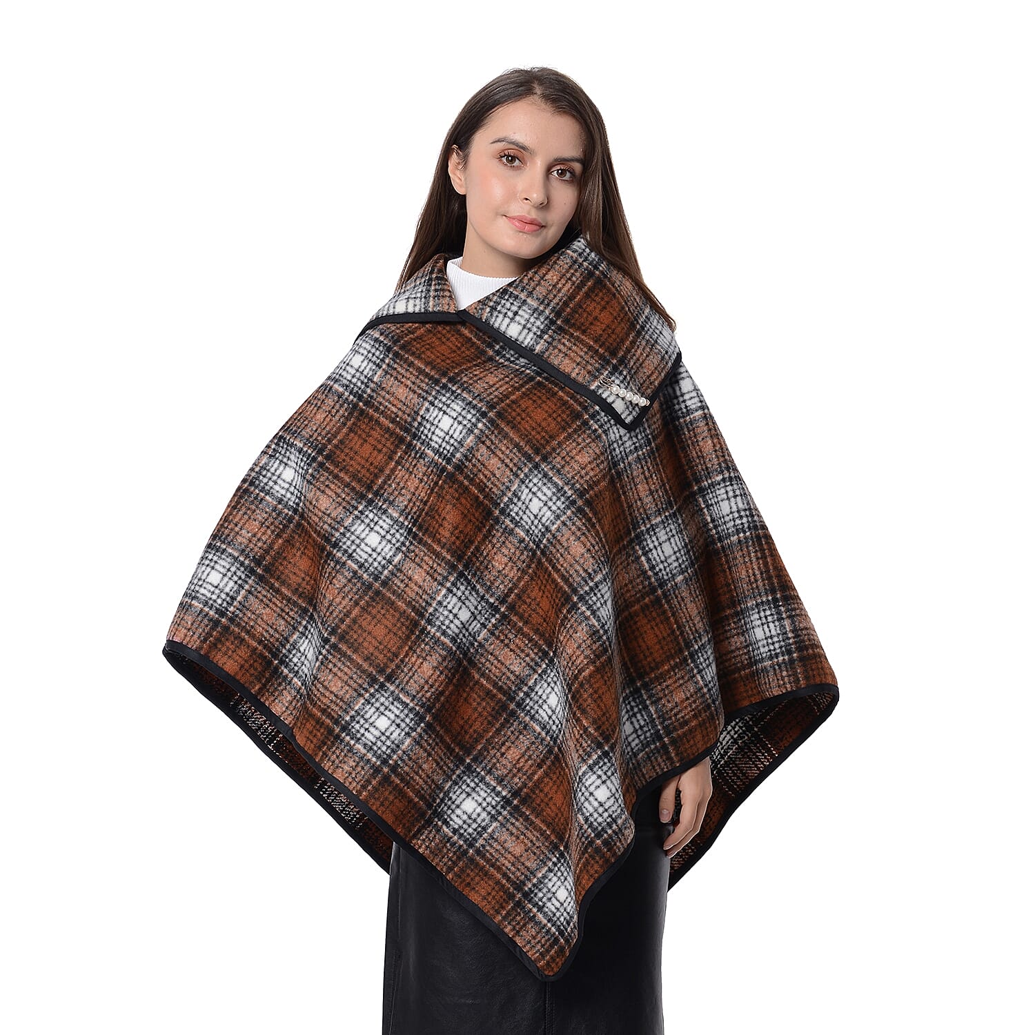 High Neck Plaid Pattern Poncho with Brooch (Size 100x90 Cm) Chocolate and White Colour