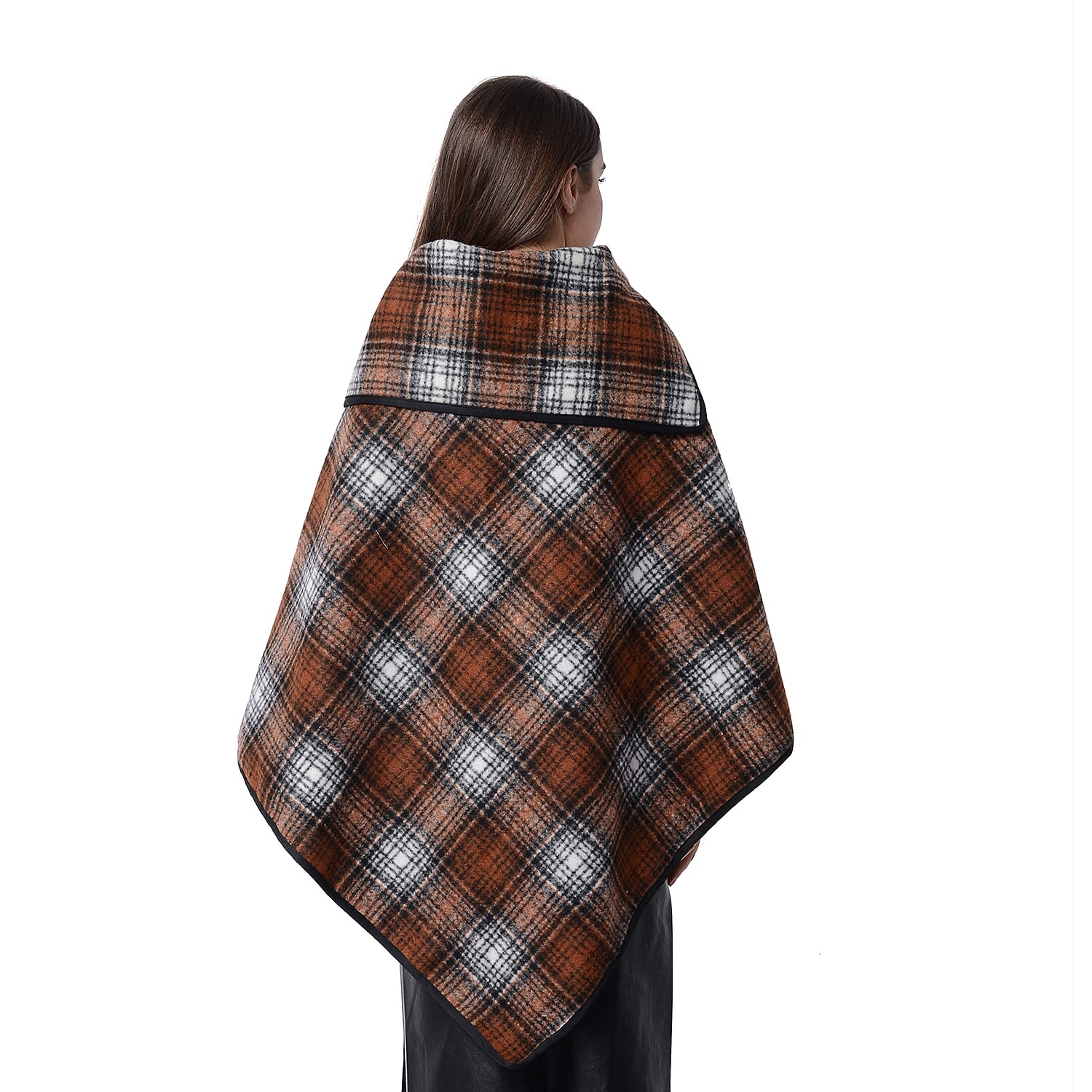 High Neck Plaid Pattern Poncho with Brooch (Size 100x90 Cm) Chocolate and White Colour
