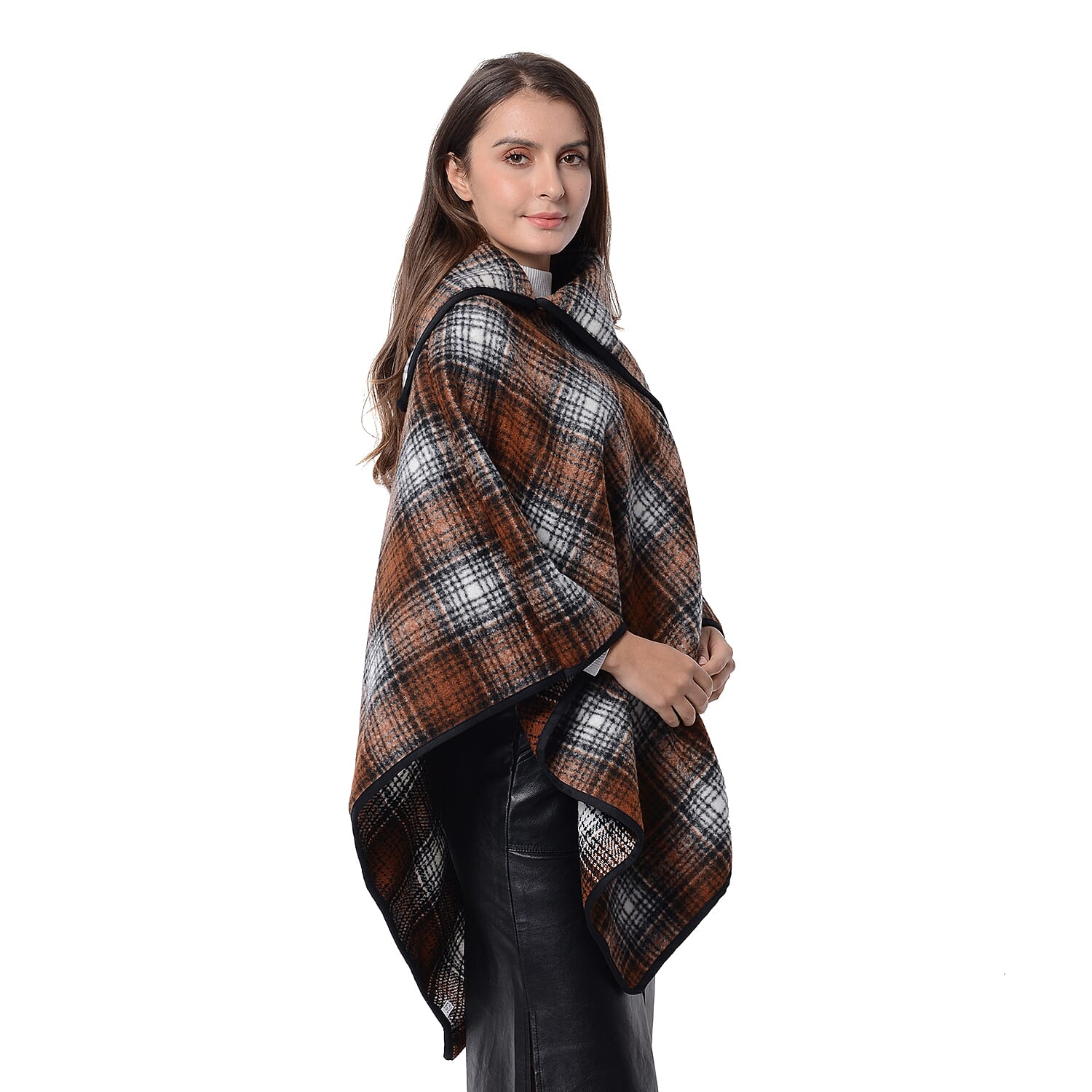 High Neck Plaid Pattern Poncho with Brooch (Size 100x90 Cm) Chocolate and White Colour