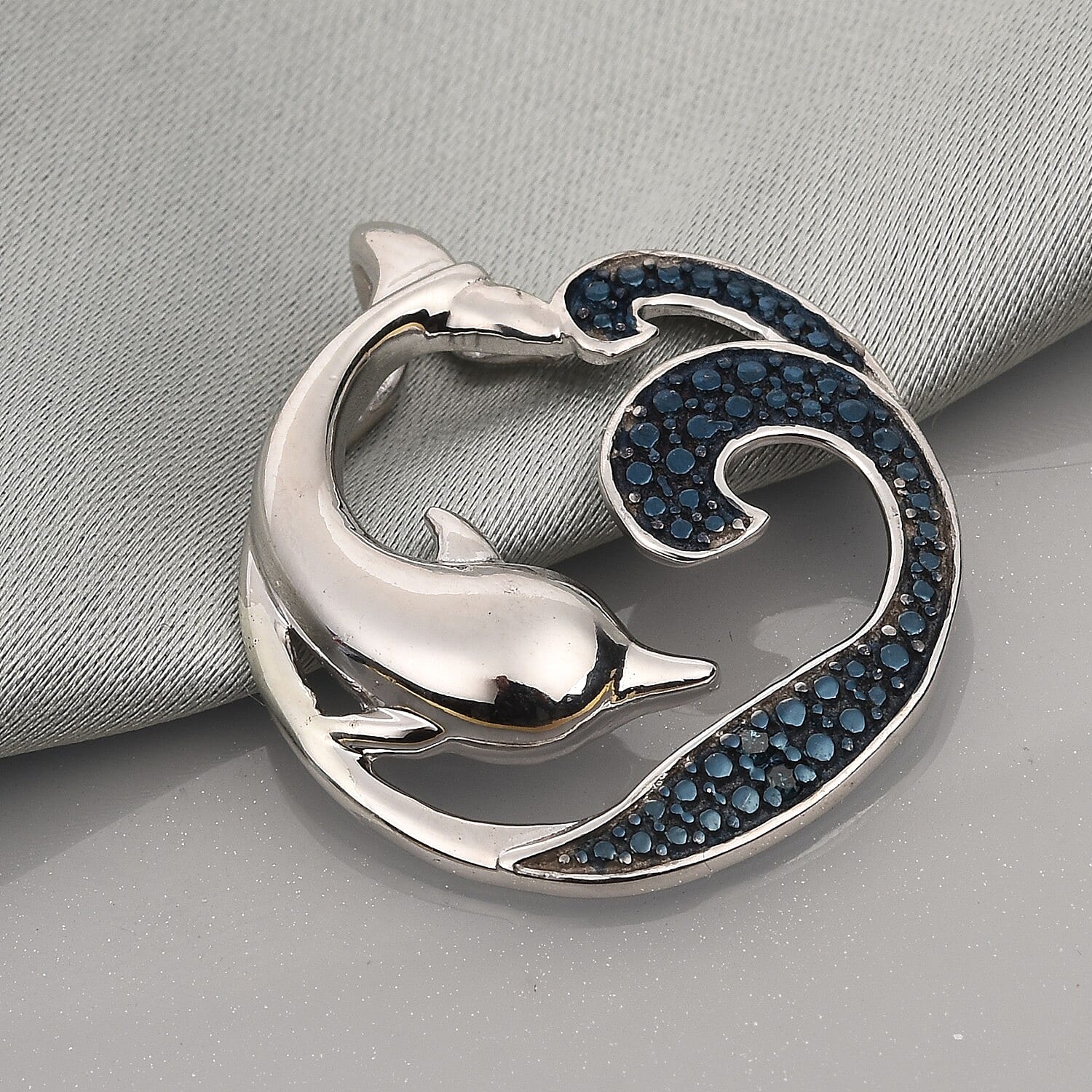Blue Diamond  Dolphin Pendant in Blue and Platinum Overlay Sterling Silver 0.020 Ct.