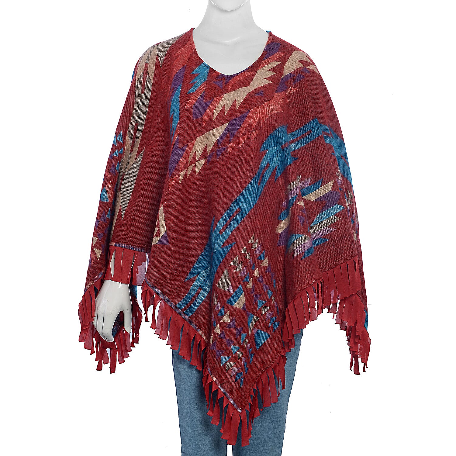 Hand Embroidered Adda Work - Red and Multi Colour Poncho (Size 79x57 cm)