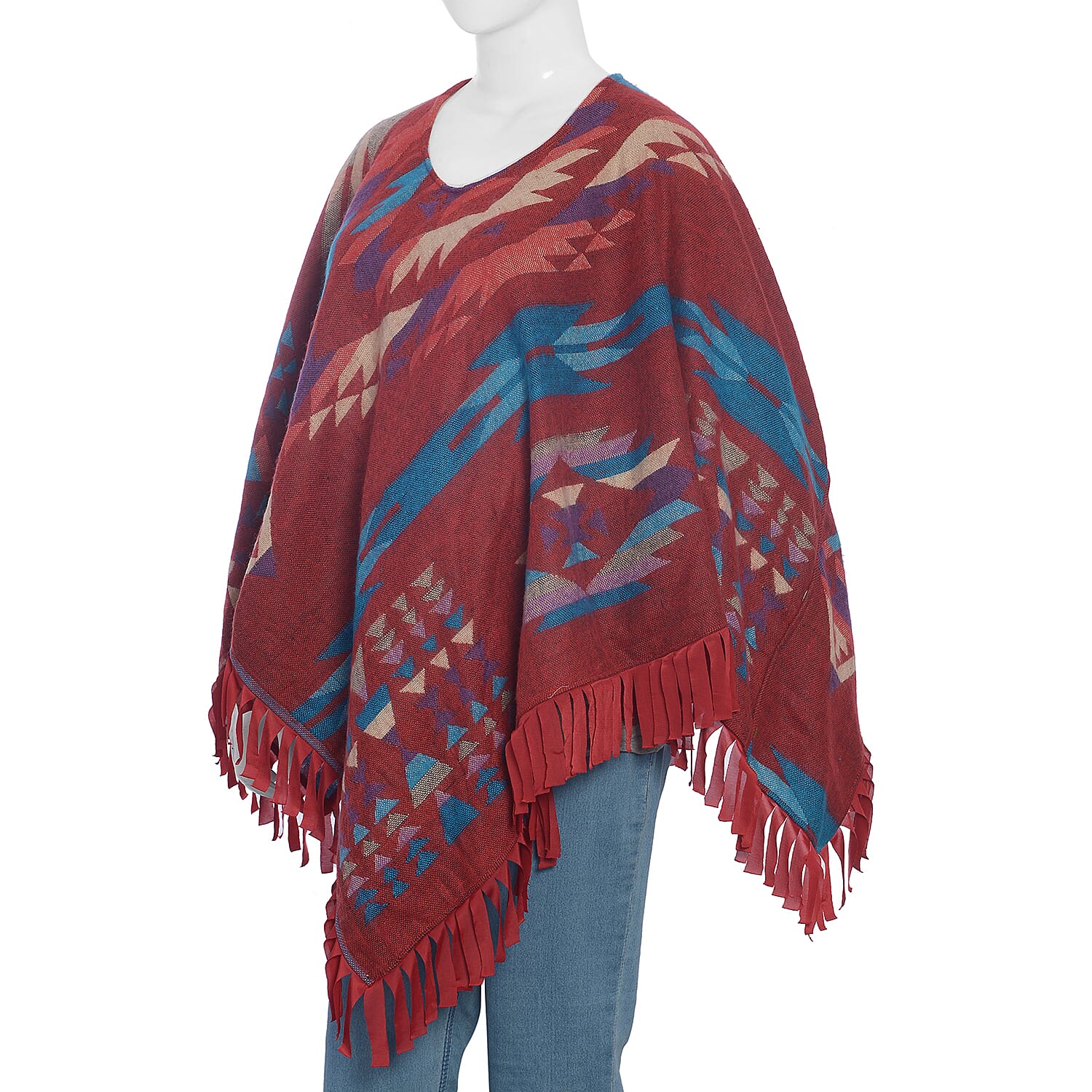 Hand Embroidered Adda Work - Red and Multi Colour Poncho (Size 79x57 cm)