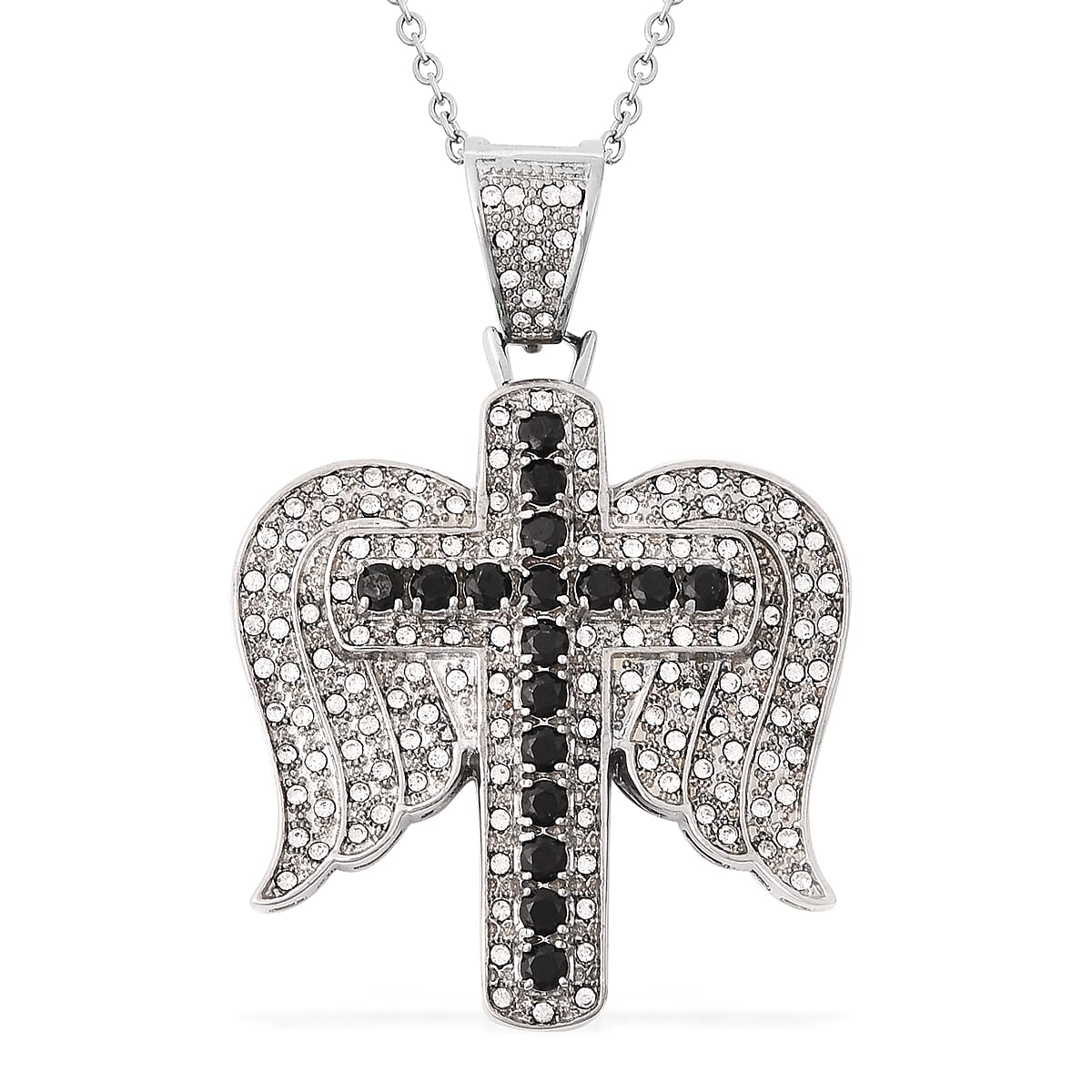 Black and White Austrian Crystal Cross and Angel Wings Pendant with Chain (Size 20) in Stainless Steel