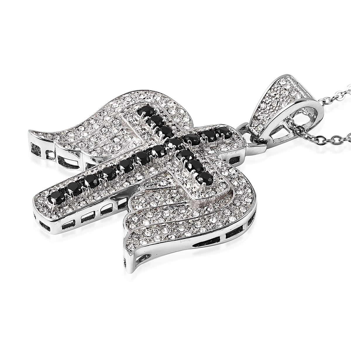 Black and White Austrian Crystal Cross and Angel Wings Pendant with Chain (Size 20) in Stainless Steel