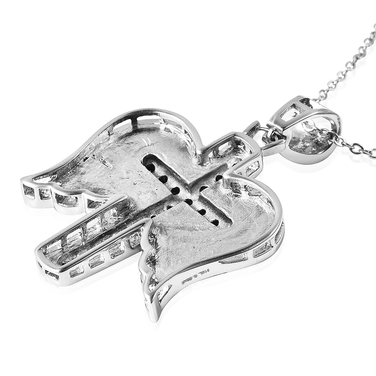 Black and White Austrian Crystal Cross and Angel Wings Pendant with Chain (Size 20) in Stainless Steel