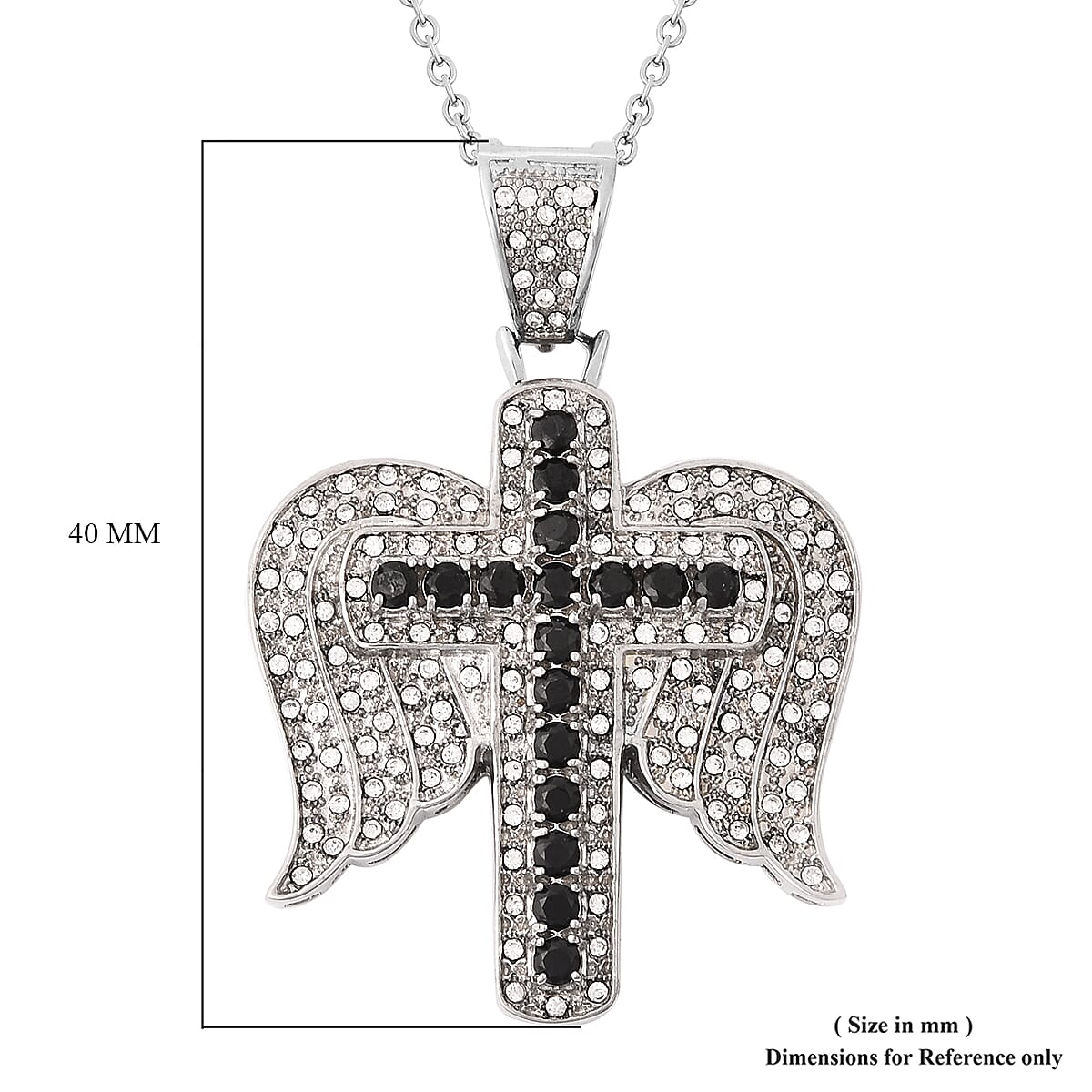 Black and White Austrian Crystal Cross and Angel Wings Pendant with Chain (Size 20) in Stainless Steel
